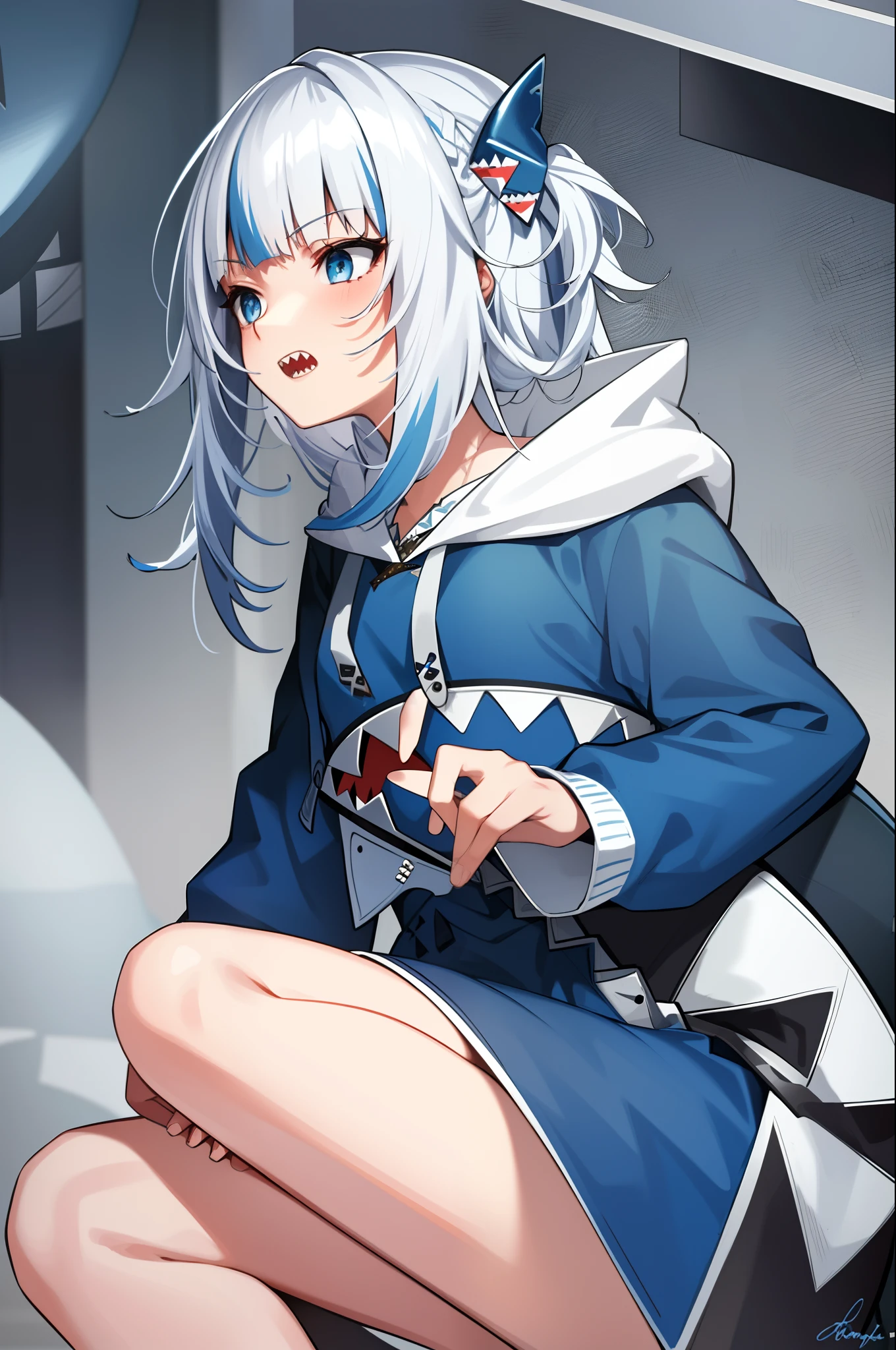 (masterpiece1.1), (high resolusion:1.2), ((best quality)), highres, 1girl, solo, detailed CG, ultra detailed, beautiful and aesthetic, (add layer), (shiny skin:1.2), glistening,  gawr gura, blue hoodie, shark hood, smoking