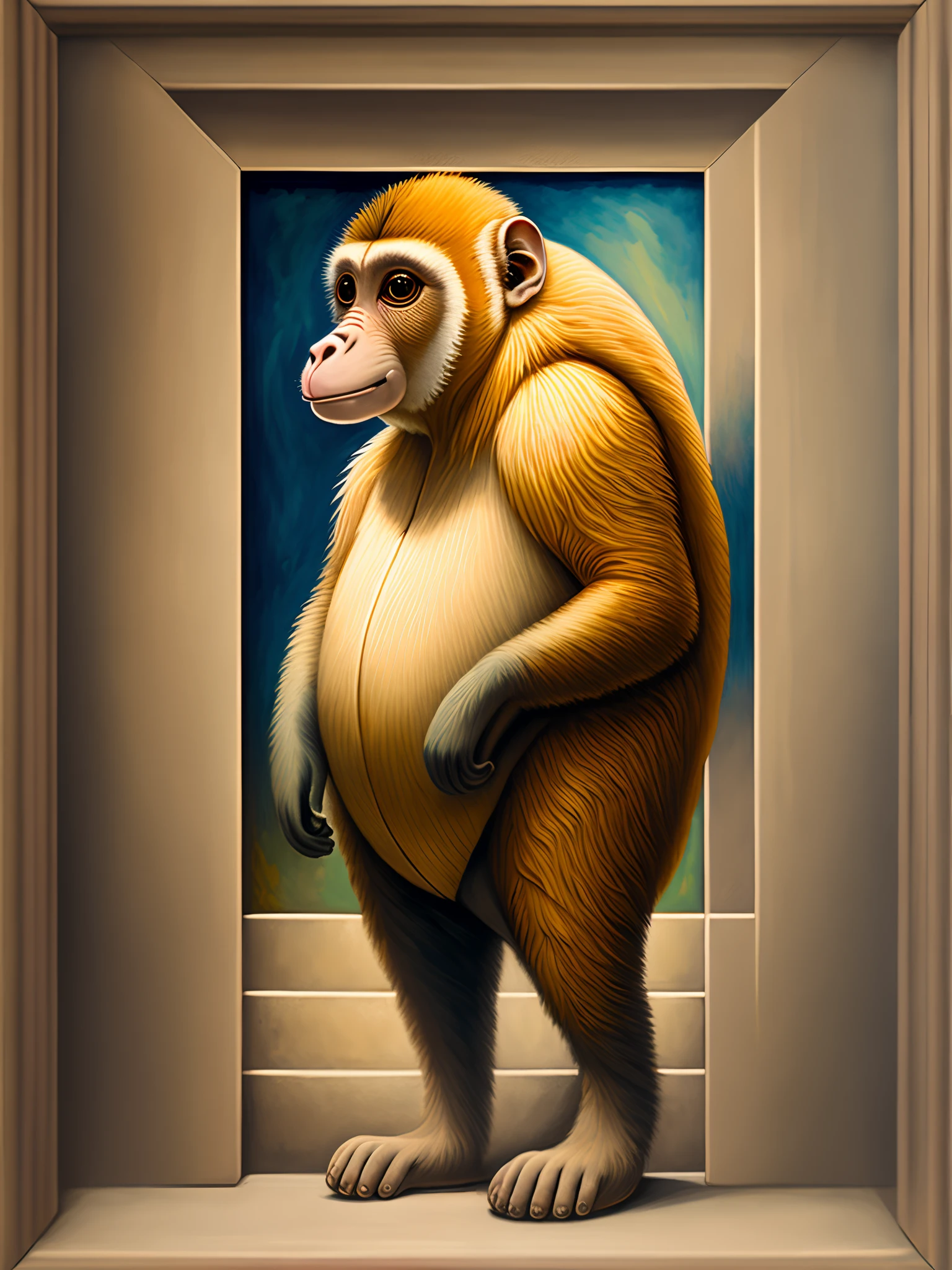 A painting depicting the god of proboscis monkeys, dressed like a lonian god. Very vibrant and dramatic