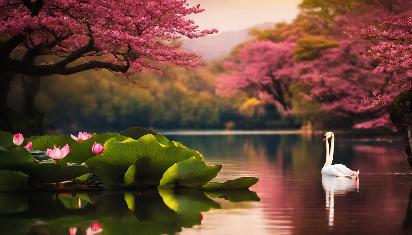 Lotus Flower, boiando em um lago tranquilo, Sakura tree in the background, casal de cisnes, paisagem japonesa, centralizado, cores relaxantes,