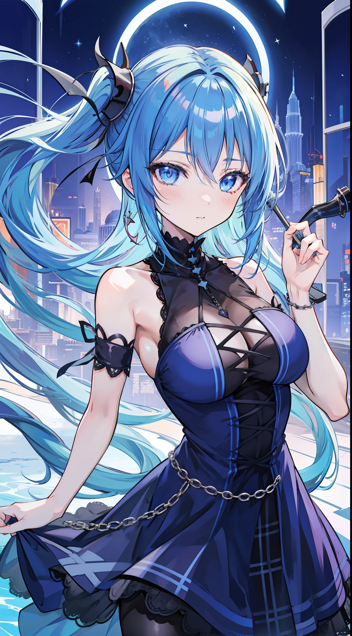 anime girl, lonely, blue hair, happy, watcher looks, Dubai, serene, gothic dress, Women's Plaid Lace Up One Shoulder Dress