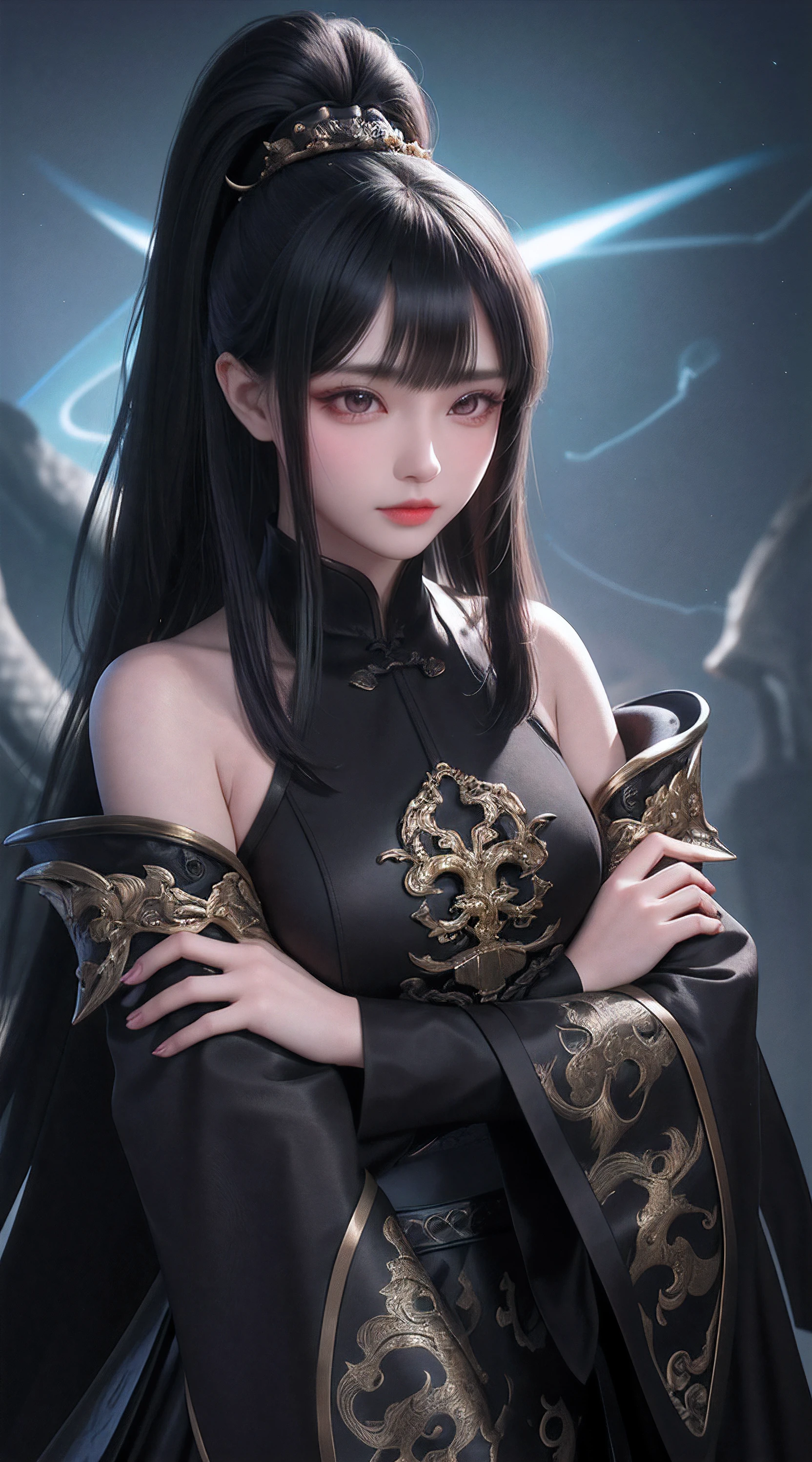 China,Dark Big Oriental eyes,Black long hair gathered in a Chinese ponytail,Dressed in a black leather cloak, with metal shoulder pads,scatters star rays,fantasy ,Blend of black gold,colorful Pattern, Dragon Pattern Road, prince, palace,Lightning effect,arms behind ,