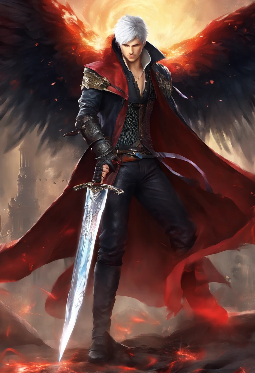 Nero de Devil May Cry 4, cabelo preto, traje de assassino com capuz, Holding two magic swords,action pose, (intrincado: 1.4) (Master Parts: 1.4) (illustration: 1.4), red studio lighting, Post-processing, 8K resolution, fundo escuro profundo, imponente, Fotos bem compostas, impressionante, fantacidade sombria (diretor: Hidetaka Miyazaki: 1.2), (escurecer: 1.5)
