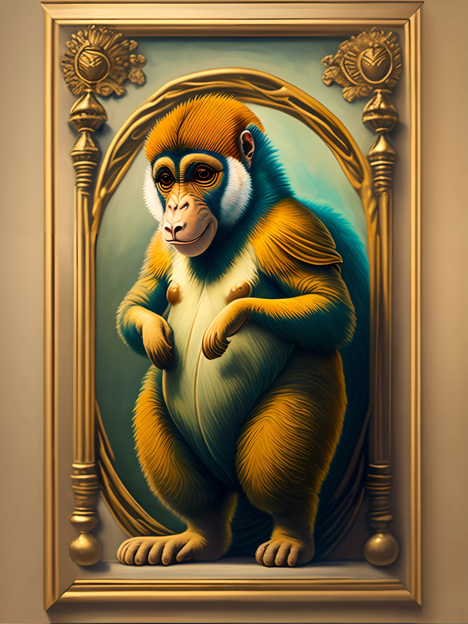 A painting depicting the god of proboscis monkeys, dressed like a babylonian god. Very vibrant and dramatic