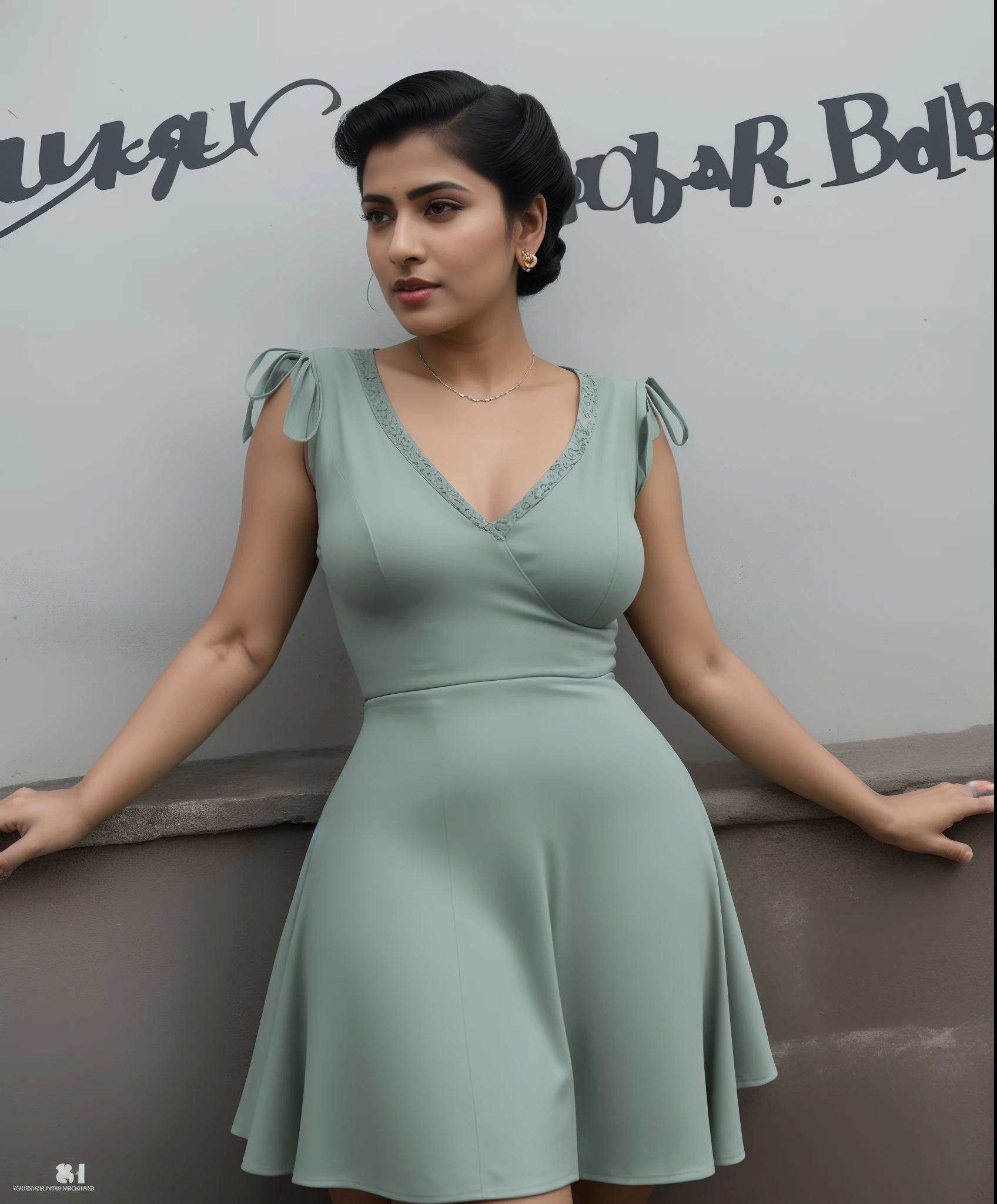 full body portrait of indian female model yukti kapoor  (styled in a 1940's, Sailor Dress, highly detailed:1.3), (highly detailed face:1.8), (1940's Pompadour Hairstyle:1.3),  (slim body, small breasts, small hips:1.5), (leaning back on the wall:1.5), (background inside a dark, old, 1940's big-band bar:1.4), (soft studio lighting, volumetric shadows), JCH Street Pan, ISO 100