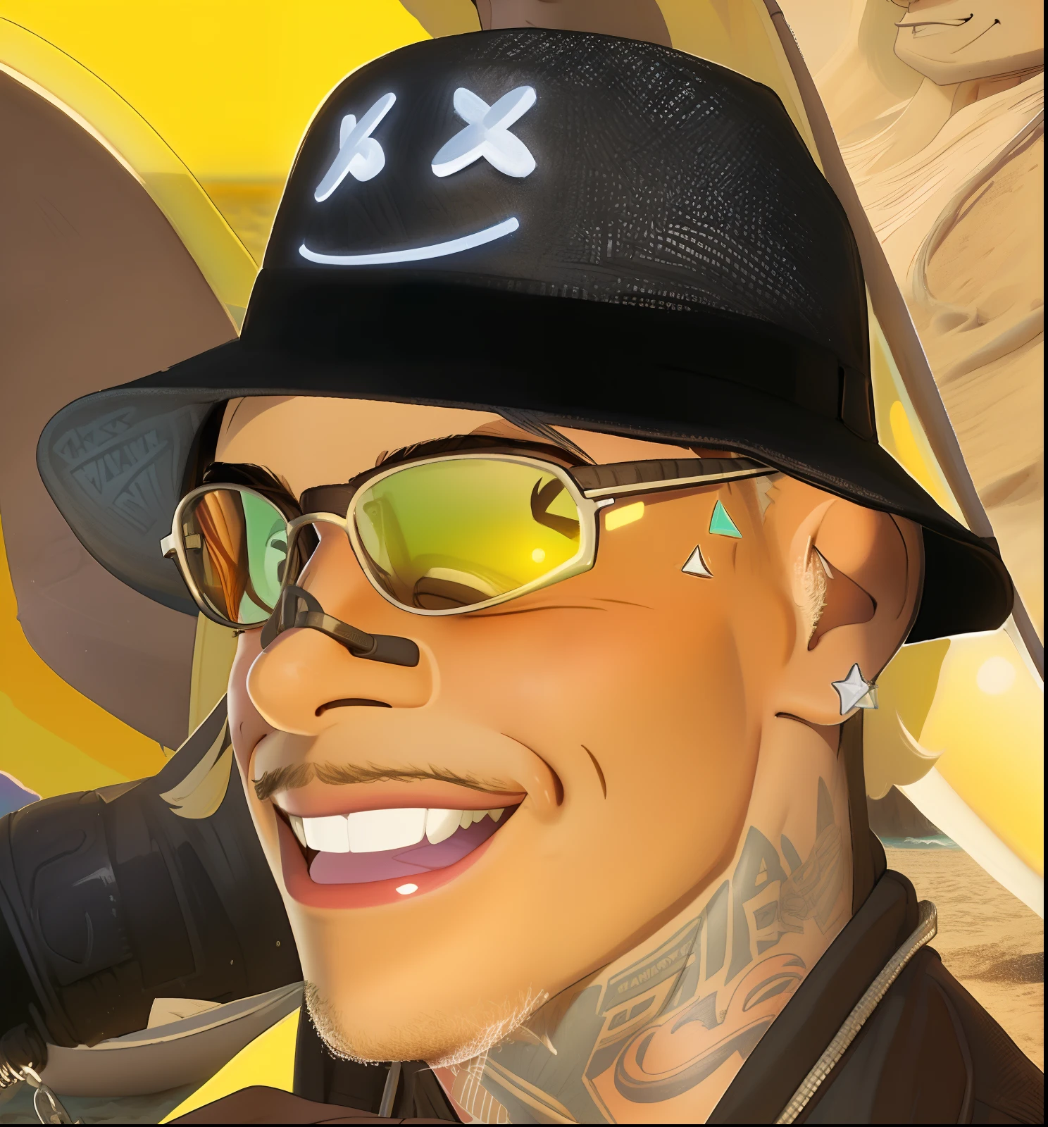 Man with neck tattoo and hat and glasses on beach, martin sandiego, Sorriso doentio, wearing glasses and hat, Foto do perfil, sorriso manhoso, taken in the early 2020s, sombreamento perfeito, sorriso perverso, smiley, Foto do perfil, he's smiling, smiling maniacally, foto do snapchat, raiado, smug smirk