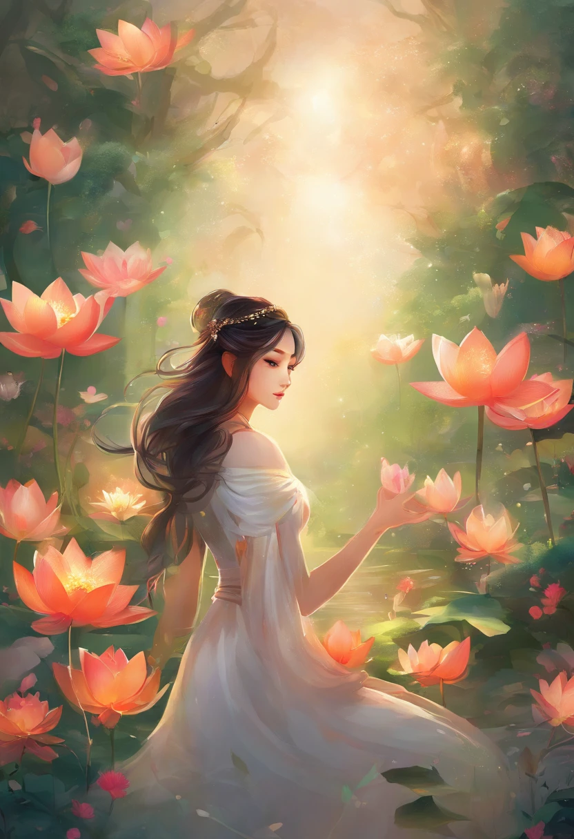 sweet lotus，The flowers are petite，Dense，Clusters are connected to clusters，Look from afar，It seems that the green leaves are dotted with broken white，in a sunbeam，lotus trees full of lotus flowers，Shimmering with white light，Particularly dazzling，Exceptionally beautiful，