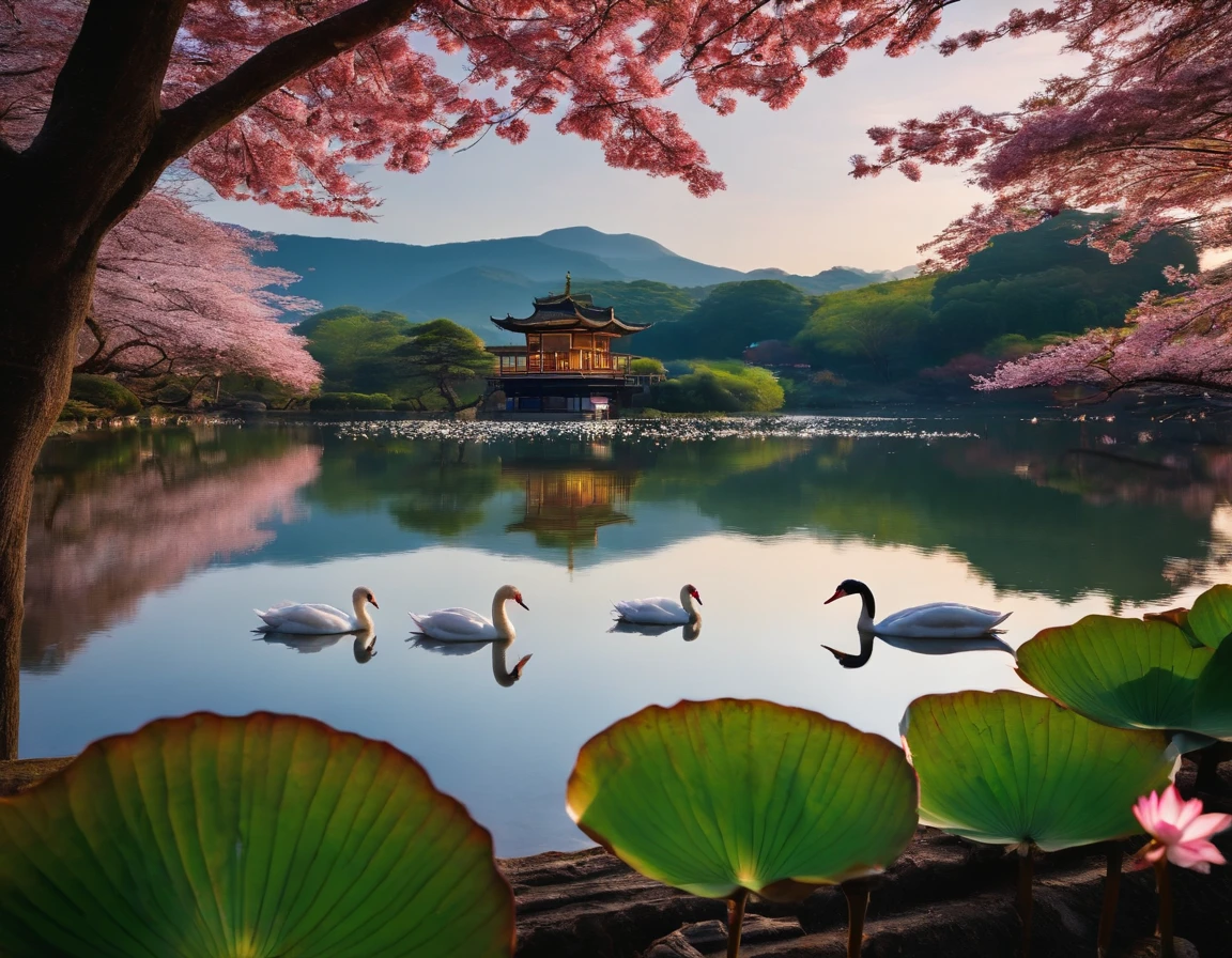 Lotus Flower, boiando em um lago tranquilo, sakura tree in background, casal de cisnes, Paisagem Japonesa, Centralizado, cores relaxantes,