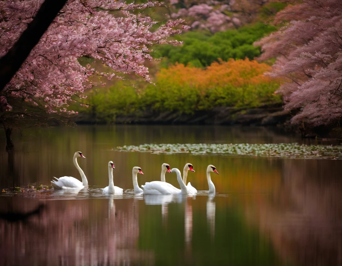 Lotus Flower, boiando em um lago tranquilo, sakura tree in background, casal de cisnes, Paisagem Japonesa, Centralizado, cores relaxantes,
