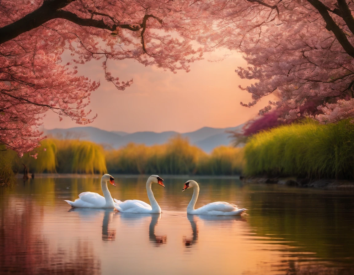 Lotus Flower, boiando em um lago tranquilo, sakura tree in background, casal de cisnes, Paisagem Japonesa, Centralizado, cores relaxantes,