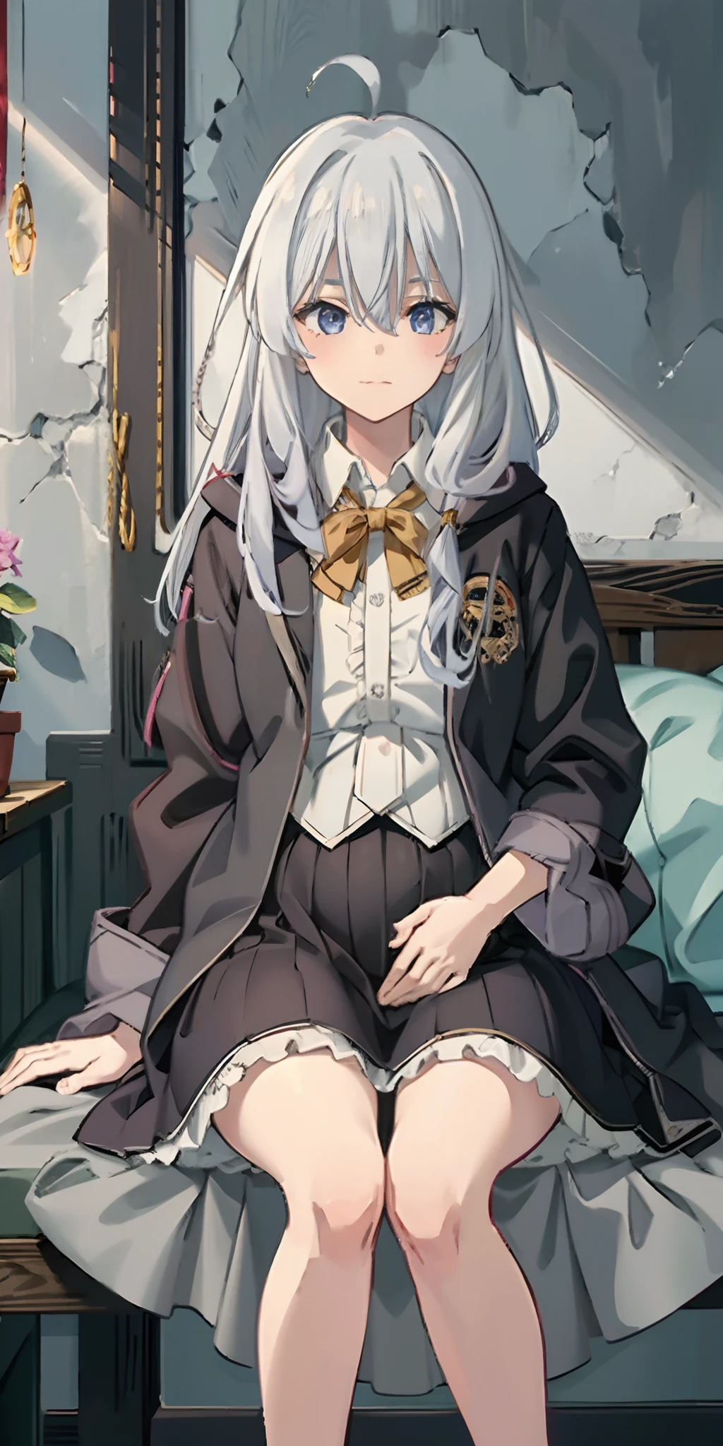 Elaina,anime girl, lie on bed, white shirt,black skirt,black cloak, pake face, sweating, heavy breath, blushing, pregnant, (best quality:1.2), ultra-detailed,realistic ,portraits, vivid colors, soft lighting, interesting PoV, sweat bed