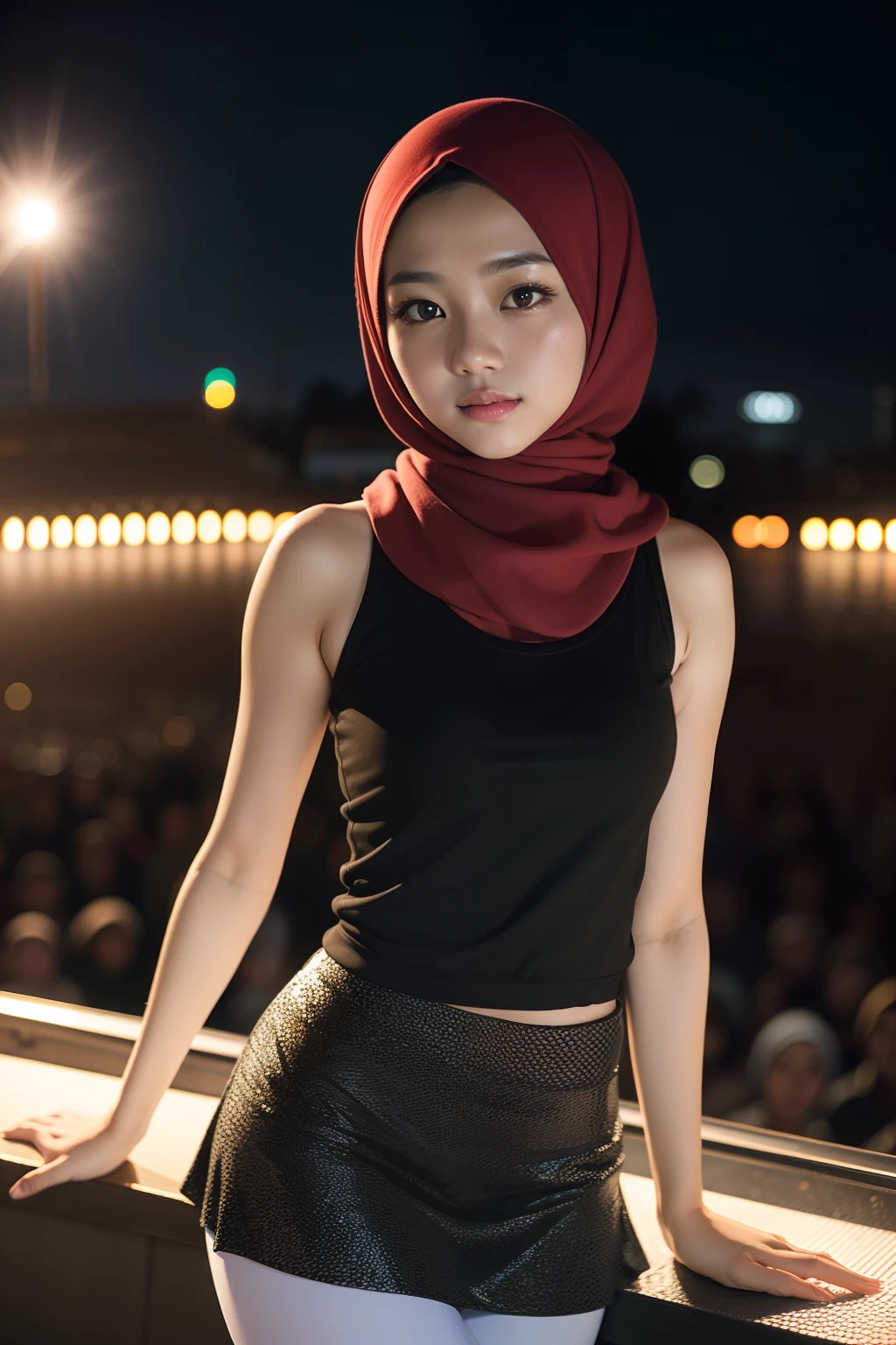 Portrait photography of a beautiful young malay girl in hijab wearing tank top with sweater and short skirt with leggings watching a concert, nighttime, concert background, bright lighting,