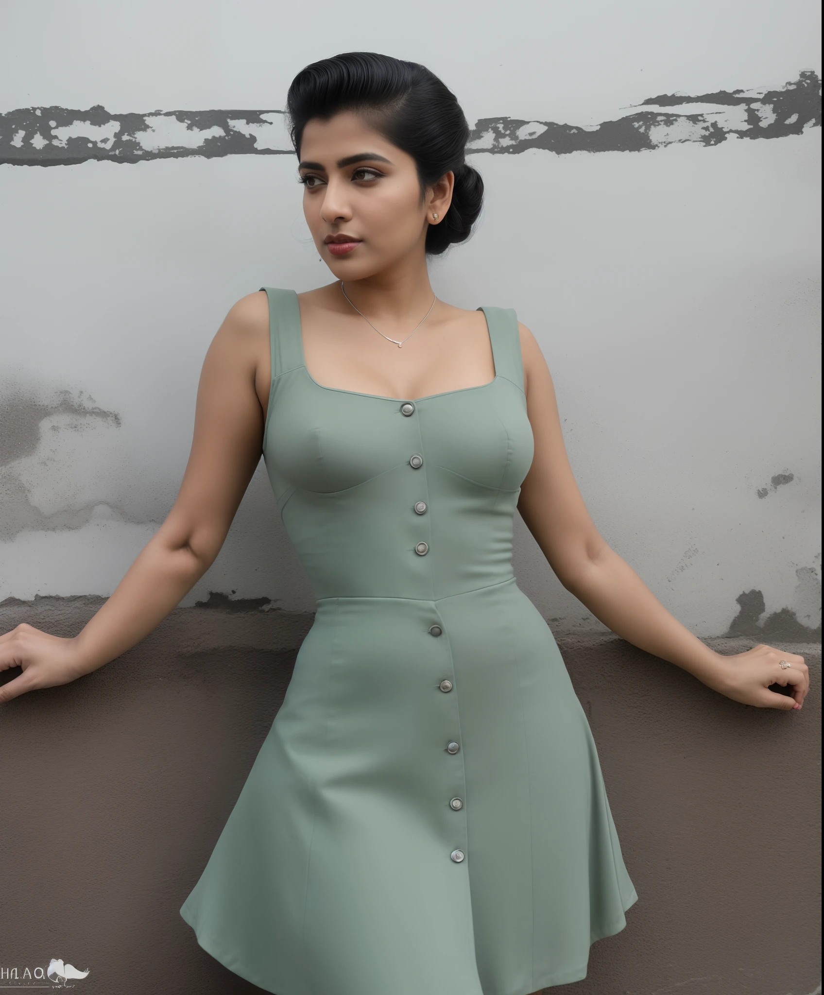 full body portrait of indian female model yukti kapoor (styled in a 1940's, Sailor Dress, highly detailed:1.3), (highly detailed face:1.8), (1940's Pompadour Hairstyle:1.3), (slim body, small breasts, small hips:1.5), (leaning back on the wall:1.5), (background inside a dark, old, 1940's big-band bar:1.4), (soft studio lighting, volumetric shadows), JCH Street Pan, ISO 100