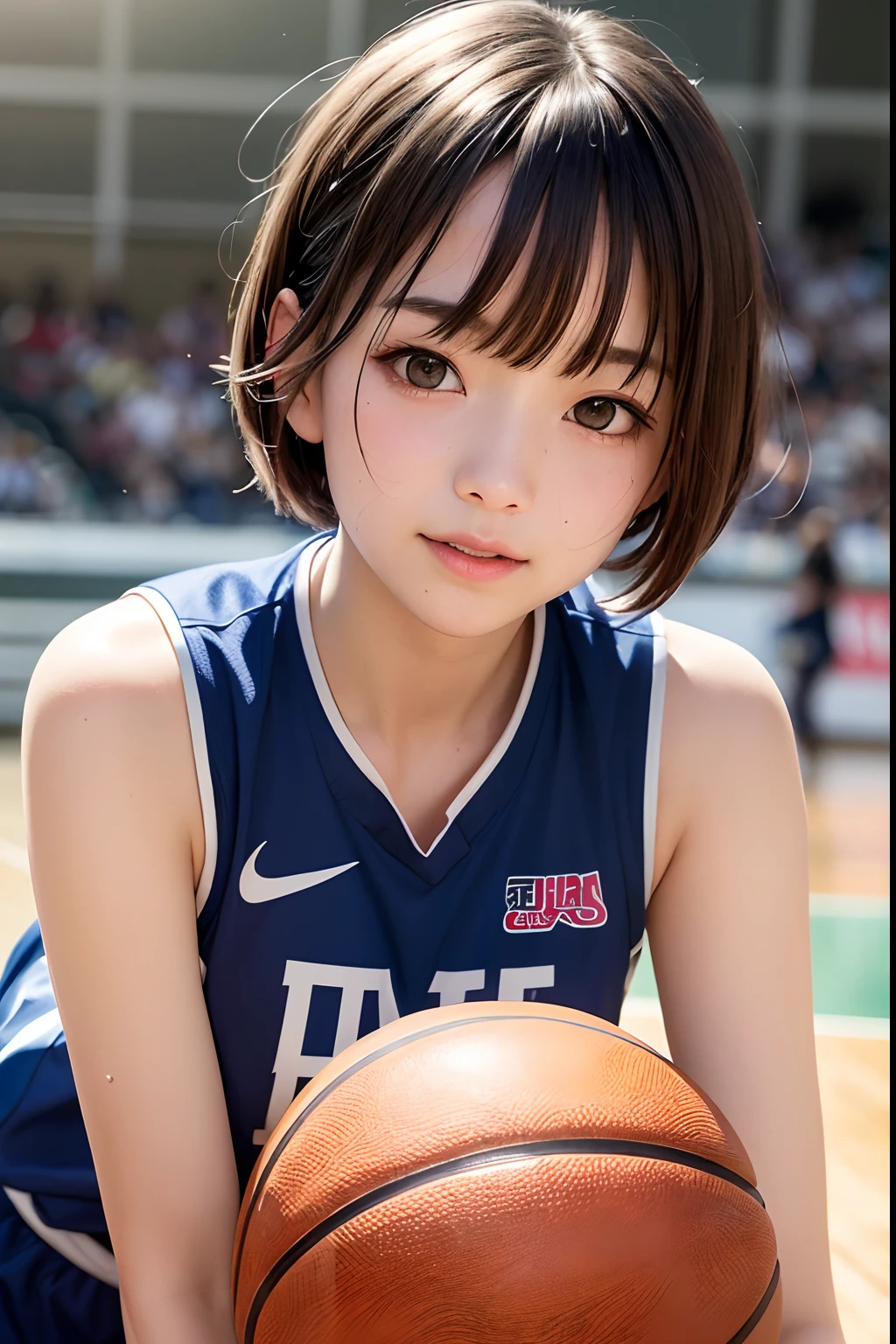 (8k, Best Quality, Masterpiece: 1.2), (Realistic, Photorealistic: 1.37), Super Detailed, Best Quality, Super High Resolution, Professional Lighting, Photon Mapping, Radiosity, Physically Based Rendering, Cinematic Lighting , basketball court, depth of field, focus, sun rays, good composition, (bokeh: 1.2), 1 girl, (whole body), (closed mouth), beautiful eyes, pose, constriction, basketball uniform, black hair , messy hair, long hair blowing in the wind,(ulzzang-6500:1.2) mix4, hiqcgbody