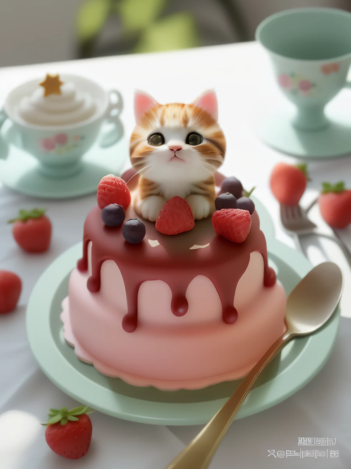 Close-up shot，Cute style desktop，Kitten themed small cake，The background is slightly blurred，Background decoration cutlery and doll decoration