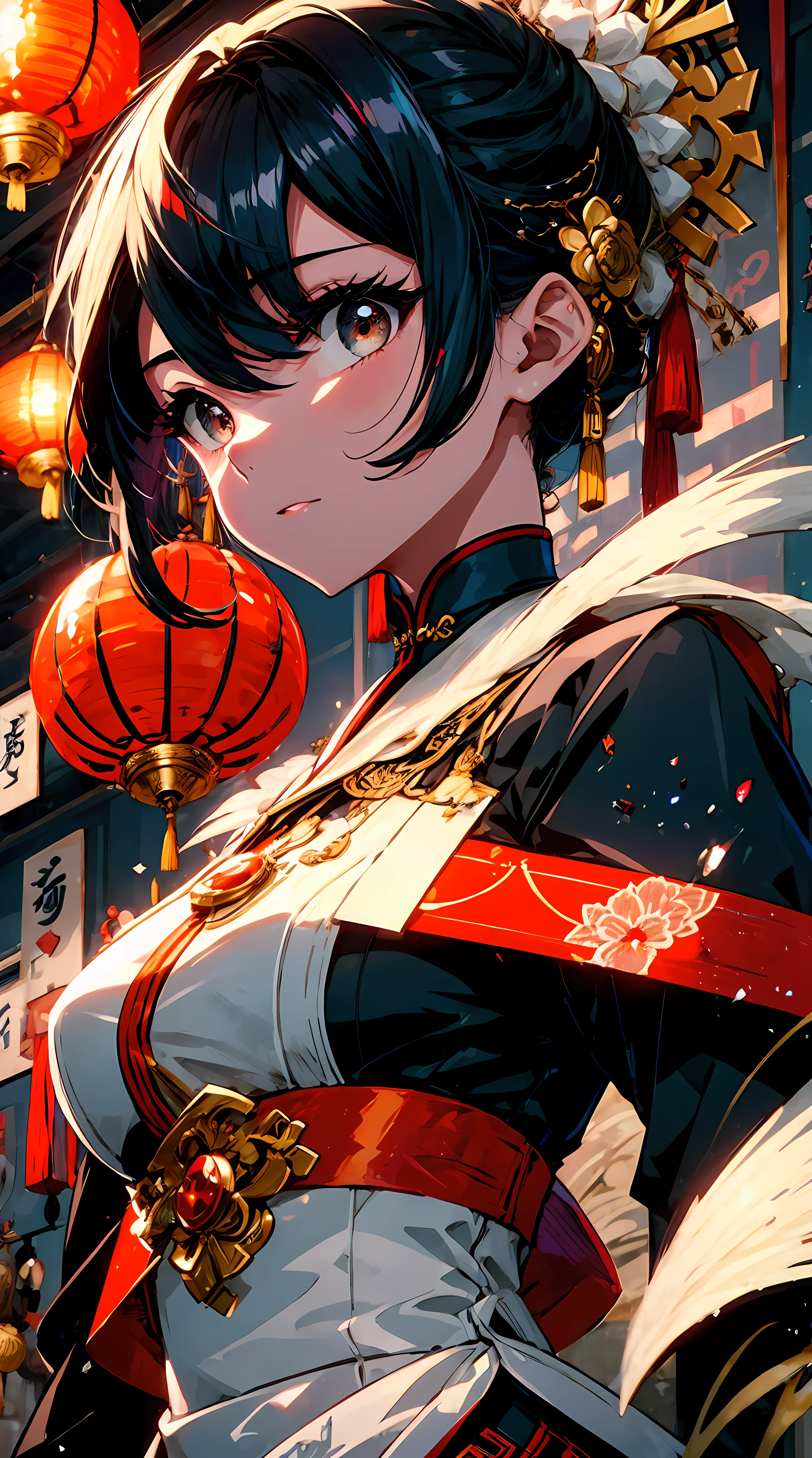 "high-quality artwork of a age girl with black hair holding a sugar-coated hawthorn skewer in a traditional Chinese setting. She is wearing a dragon-patterned qipao gown:1.4 with intricate details and vibrant blue color. Surrounding her is the background of a nighttime temple fair:1.8, with the atmosphere of a festival. The scene is illuminated by soft and natural lighting, enhancing the overall ambiance. The artwork should showcase ultra-fine painting techniques:1.8, with an emphasis on realistic and photorealistic:1.37 details, capturing the essence of a masterpiece:1.2. The image should be of the highest quality with a resolution of 8K, displaying clear and sharp focus:1.8. The colors should be vivid and vibrant, with the prominence of a red lantern:1.8 adding to the overall color scheme. The artistic style should represent a fusion of Chinese traditional elements:1.4 and contemporary aesthetics, creating a visually captivating and evocative presence. The girl's eyes, lips, and facial features should be beautifully detailed, ensuring that her expression and appearance are accurately depicted."