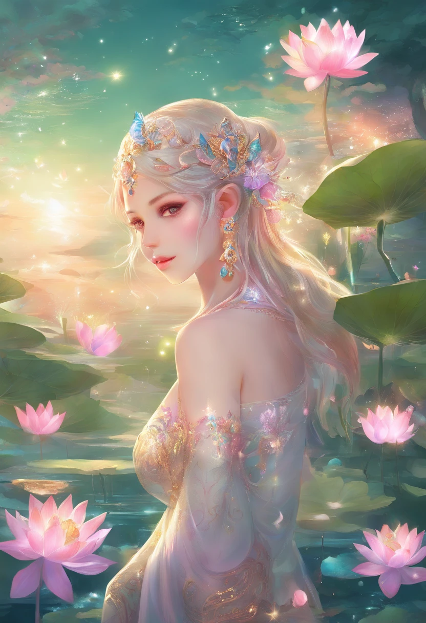 sweet lotus,The flowers are petite,Dense,Clusters are connected to clusters,Look from afar,It seems that the green leaves are dotted with broken white,in a sunbeam,lotus trees full of lotus flowers,Shimmering with white light,Particularly dazzling,Exceptionally beautiful,