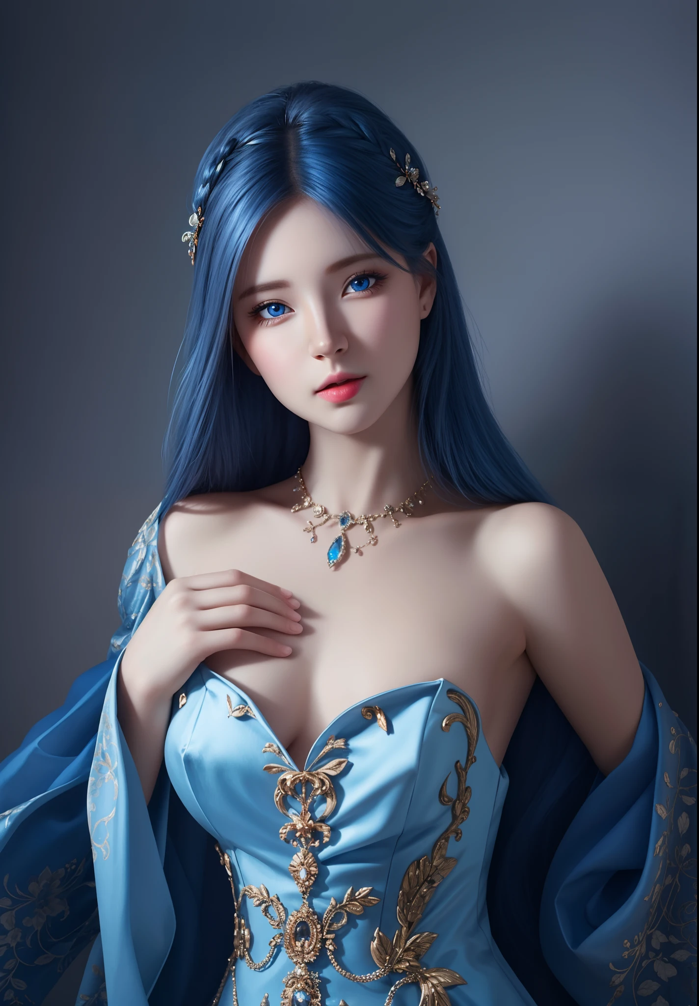 (hyperrealistic), (illustration), (high resolution), (8K), (extremely detailed), (best illustration), (beautiful detailed eyes), (best quality), (ultra-detailed), (masterpiece), (wallpaper), (photorealistic), (natural light), (rim lighting), (detailed face), (high detailed realistic skin texture), (anatomically correct), (solo), (1 girl), (high detailed realistic hair), (bluesky hair:1.2), (heterochromic eyes), (detailed blue eyes), (sparkling eyes), (small moles under the eyes), (realistic big breasts:1.5), (exposed nipple breasts:1.35), (long legs), (slender abs), (dynamic pose), (closed tiny mouth:1.3), nsfw,