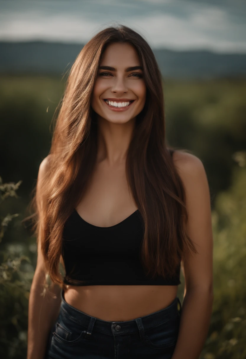 woman posing for a photo, Laugh, Happy, Long hair, Straight hair, finely detailed skin, During the day, A hot summer day, Nature lighting, detailed face:1.2, sharp focus, Hasselblad photography, masterpiece, Light makeup, cinematic lighting, 4k, best quality