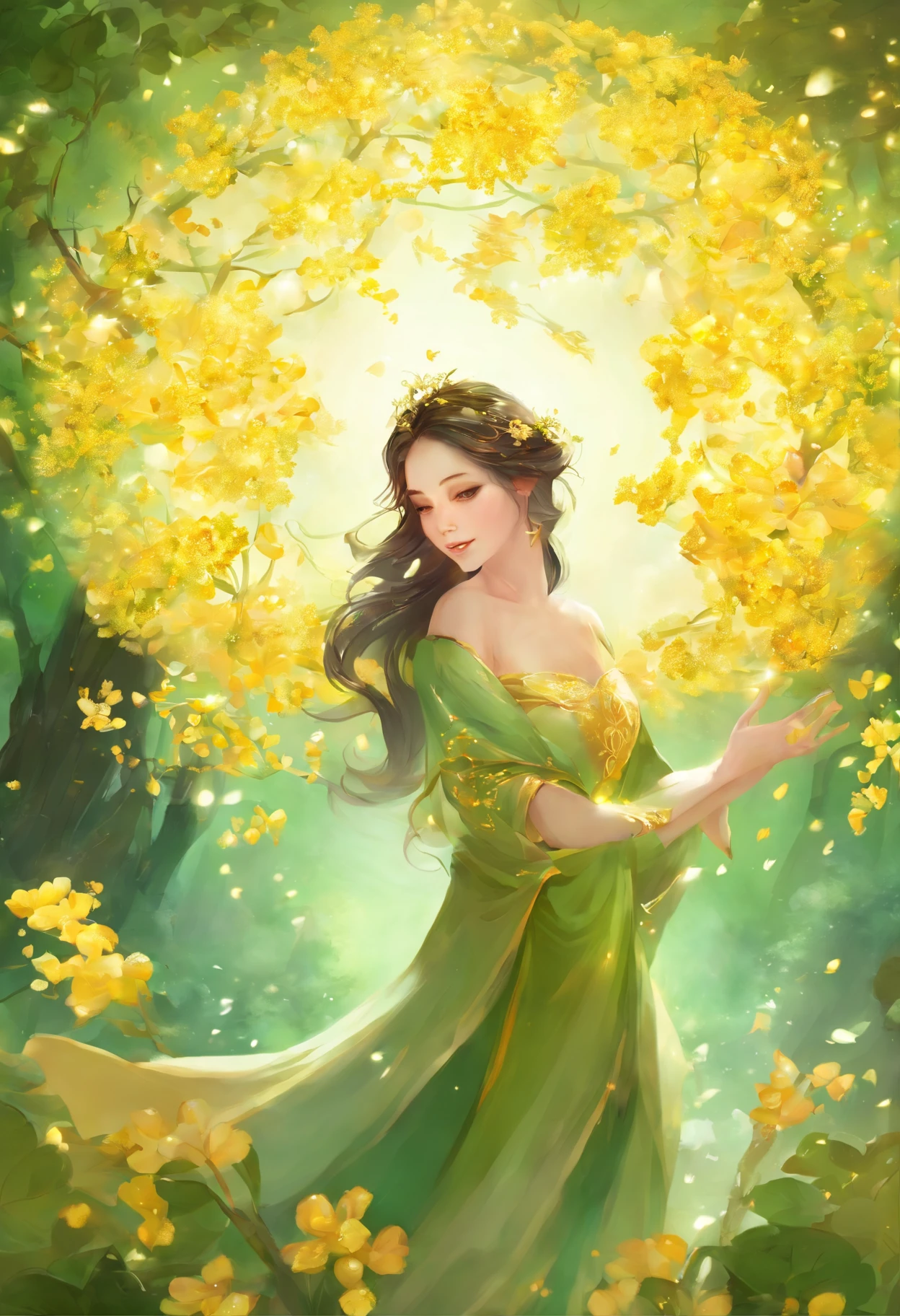 sweet osmanthus,The flowers are petite,Dense,Clusters are connected to clusters,Look from afar,It seems that the green leaves are dotted with broken gold,in a sunbeam,Osmanthus trees full of osmanthus flowers,Shimmering with golden light,Particularly dazzling,Exceptionally beautiful,