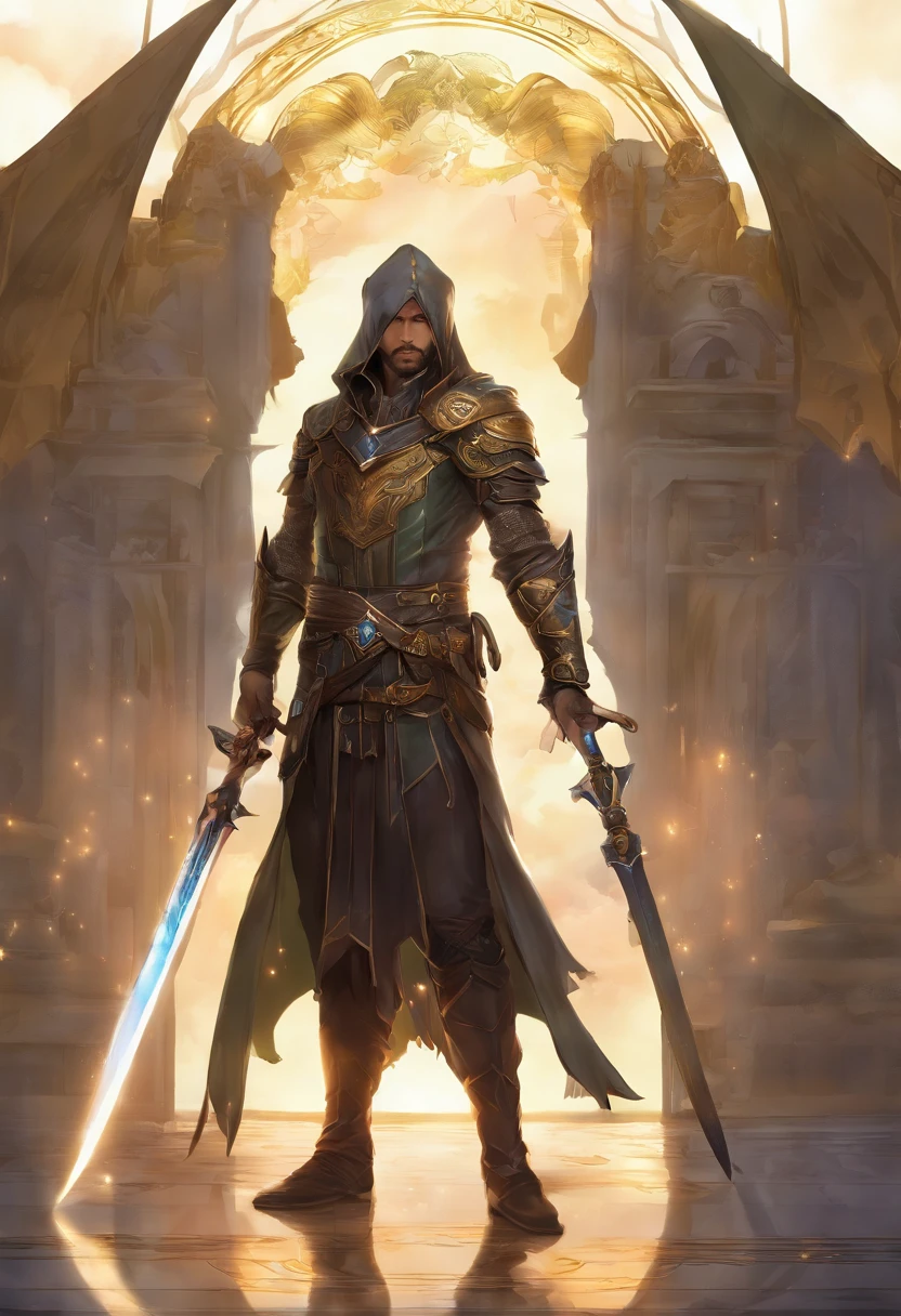 Assassino de 25 anos, cabelo preto, traje de assassino com capuz, Holding two magic swords，action pose, (obra prima) (character sheet), studio illumination, Post-processing, 8K resolution, fundo escuro profundo, imponente, Fotos bem compostas, impressionante, fantacidade sombria (diretor: Hidetaka Miyazaki: 1.2), (escurecer: 1.5)
