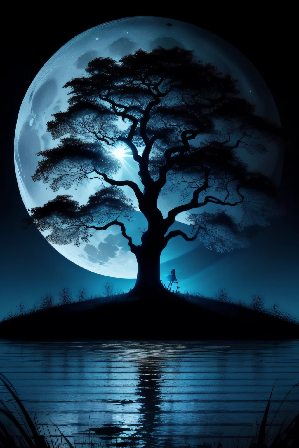 High gothic tim Burton style large beautiful oak tree with fall autumn leaves over large clear blue lake with large big midnight blue full moon contrasting colors ultra-colorful background intricate motifs perfect composition masterpiece insanely-detailed ultra-detailed extreme-detailed hyper-detailed beautiful scary"