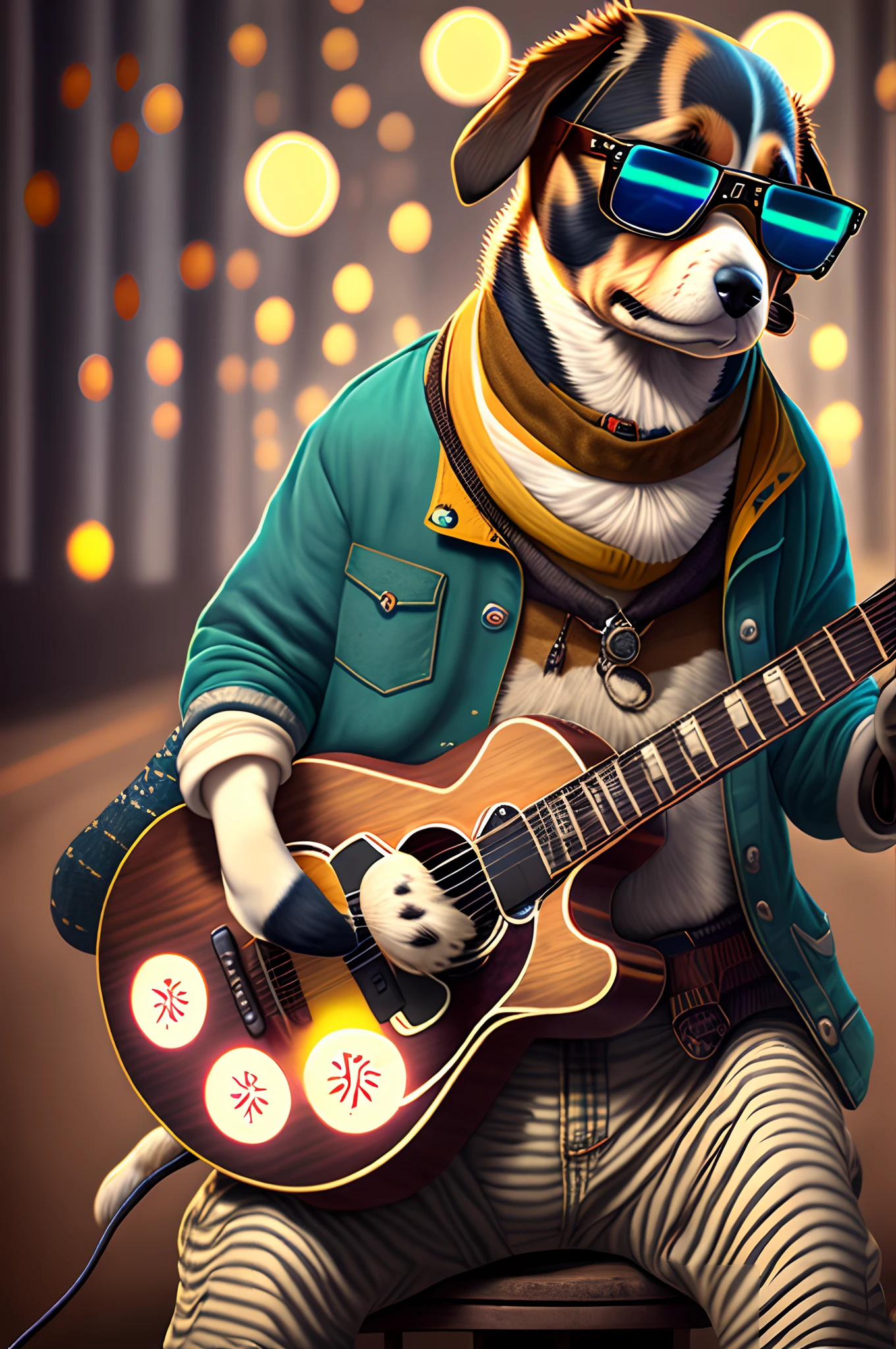 anthropomorphic turtle,o cachorrinho,(Rock puppy:1.4),Trendy clothing,wears dark glasses,plays the guitar,Madness,Fluttering musical symbols,ball room,lamplight,Spotlights,8K,super-fine,full bodyesbian,best qualtiy,独奏