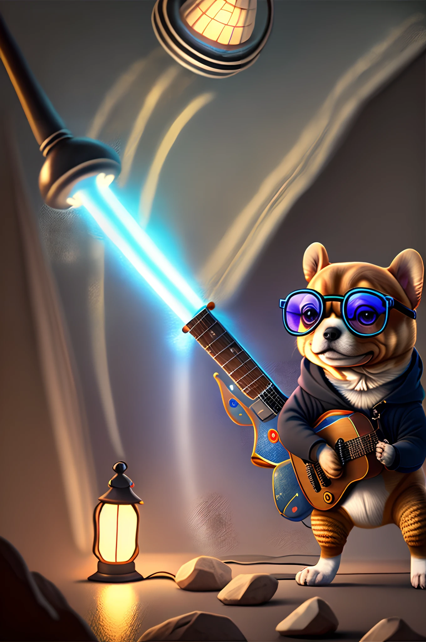 anthropomorphic turtle,o cachorrinho,(Rock puppy:1.4),Trendy clothing,wears dark glasses,plays the guitar,Madness,Fluttering musical symbols,ball room,lamplight,Spotlights,8K,super-fine,full bodyesbian,best qualtiy,独奏