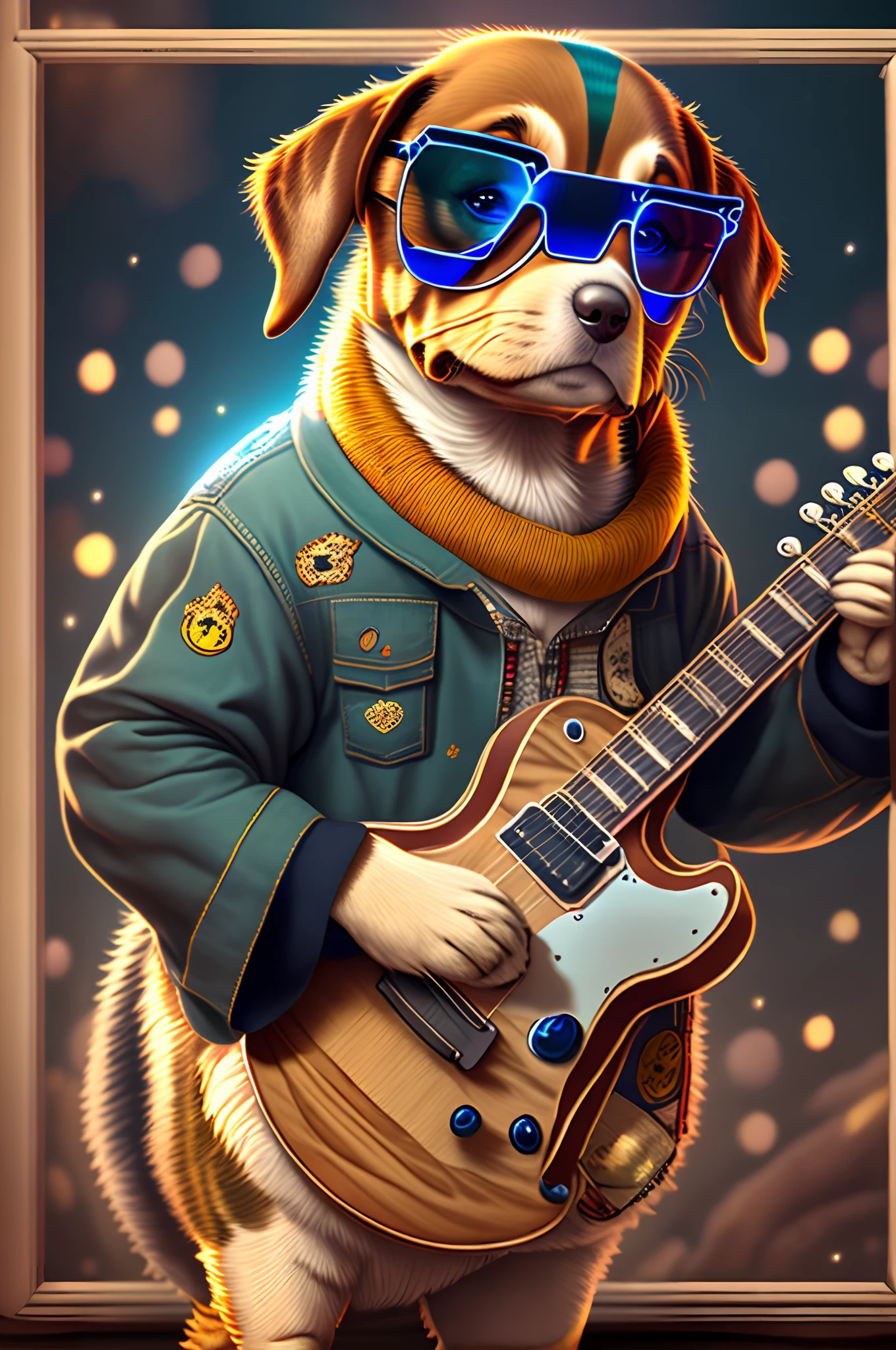 anthropomorphic turtle，o cachorrinho，（Rock puppy：1.4），Trendy clothing，wears dark glasses，plays the guitar，Madness，Fluttering musical symbols，ball room，lamplight，Spotlights，8K，super-fine，full bodyesbian，best qualtiy，独奏