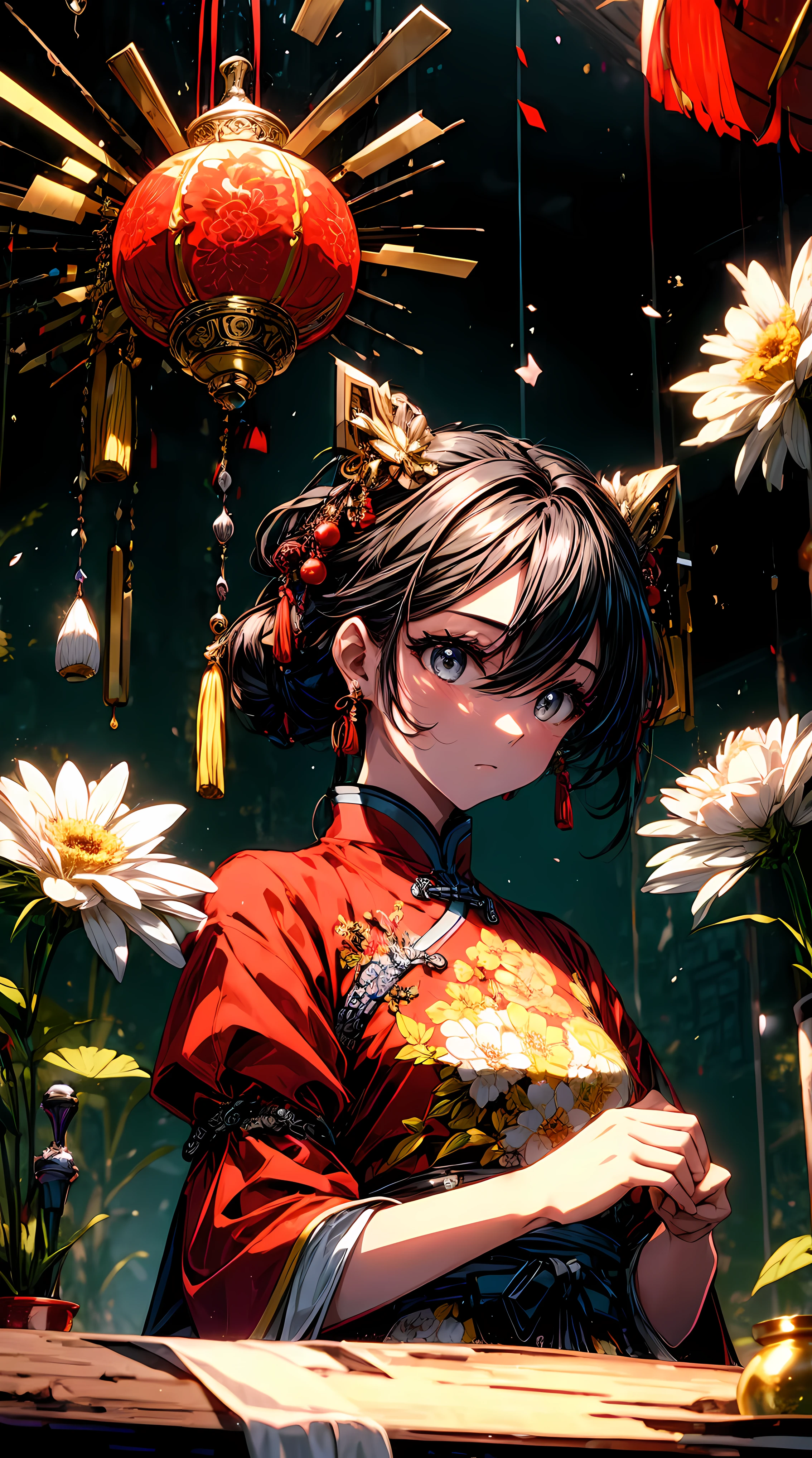 (masterpiece, CGI:1.4), (Chinese  with traditional hairstyle:1.2), (wearing a vibrant red qipao:1.4), (eyes glowing with vibrant yellow color:1.2), (surrounded by a garden full of colorful flowers:1.2), (meticulously styled traditional hairstyle:1.2), (exquisite details of the qipao:1.2), (intricate patterns and embroidery:1.1), (captivating and innocent gaze:1.1), (harmony between child and nature:1.2), (subtle lighting accentuating features:1.1), (lush and vivid floral backdrop:1.2), (sense of tranquility and natural beauty:1.1), (authentic representation of Chinese tradition:1.2), (timeless elegance and grace:1.2), (meticulous attention to detail:1.2), (capturing the child's cultural heritage:1.1), Cinematic, Hyper-detailed, insane details, Beautifully color graded, Unreal Engine, DOF, Super-Resolution, Megapixel, Cinematic Lightning, Anti-Aliasing, FKAA, TXAA, RTX, SSAO, Post Processing, Post Production, Tone Mapping, CGI, VFX, SFX, Insanely detailed and intricate, Hyper maximalist, Hyper realistic, Volumetric, Photorealistic, ultra photoreal, ultra-detailed, intricate details, 8K, Super detailed, Full color, Volumetric lightning, HDR, Realistic, Unreal Engine, 16K, Sharp focus, Octane render