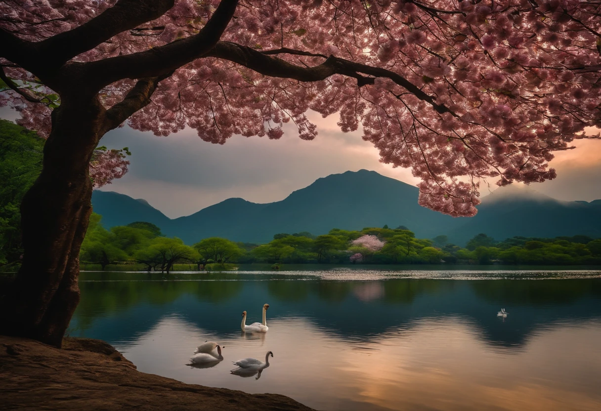 Lotus Flower, boiando em um lago tranquilo, sakura tree in background, casal de cisnes, Paisagem Japonesa, Centralizado, cores relaxantes,
