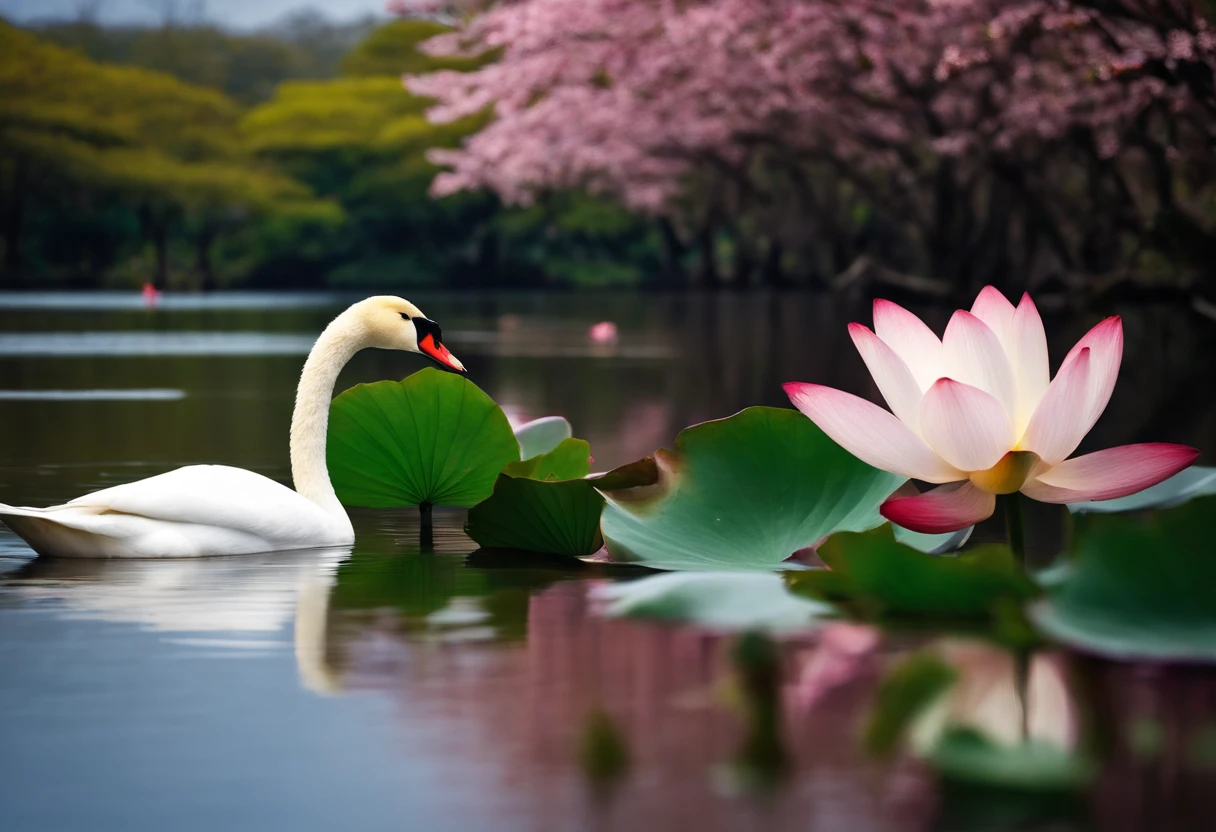 Lotus Flower, boiando em um lago tranquilo, sakura tree in background, casal de cisnes, Paisagem Japonesa, Centralizado, cores relaxantes,
