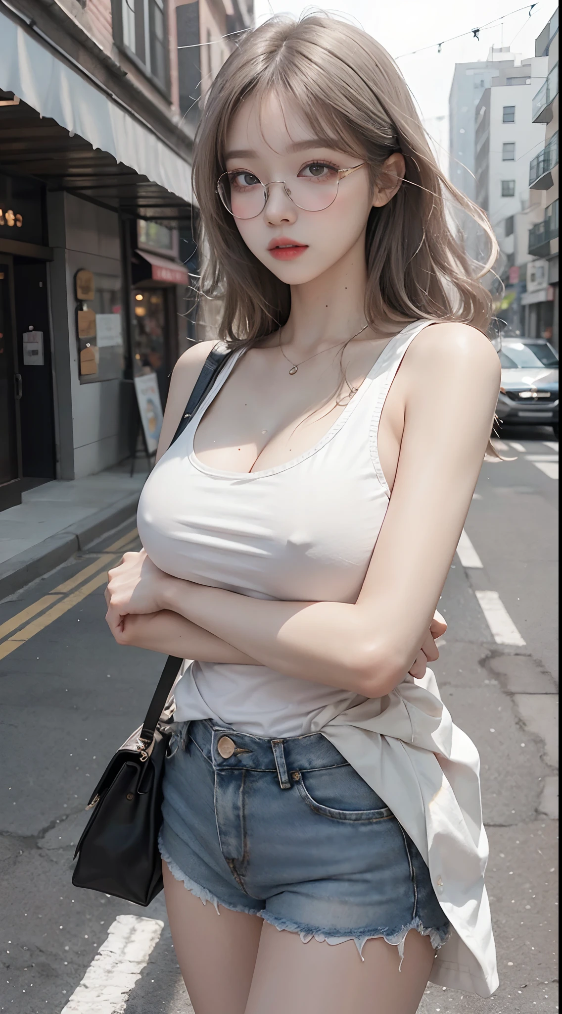 Top image quality、Raw photography、超A high resolution、18-year-old Korean、Glasses beauty、Colossal tits:1.5、cleavage of the breast:1.5、Healthy complexion、shiny white skin、(long)、((Light brown silver hair))、Beautiful eyes with random colors、very thin lips、beautiful eyes finely detailed、elongated eyes、pale pink blush、long eyeslashes、Beautiful double eyelids、eyeshadows、耳Nipple Ring、(Fashionable glasses、White tight tank top、denim short pants、Beautiful legs、Attractive thighs)、street snap、Moderate thickness、Shot with emphasis on the legs