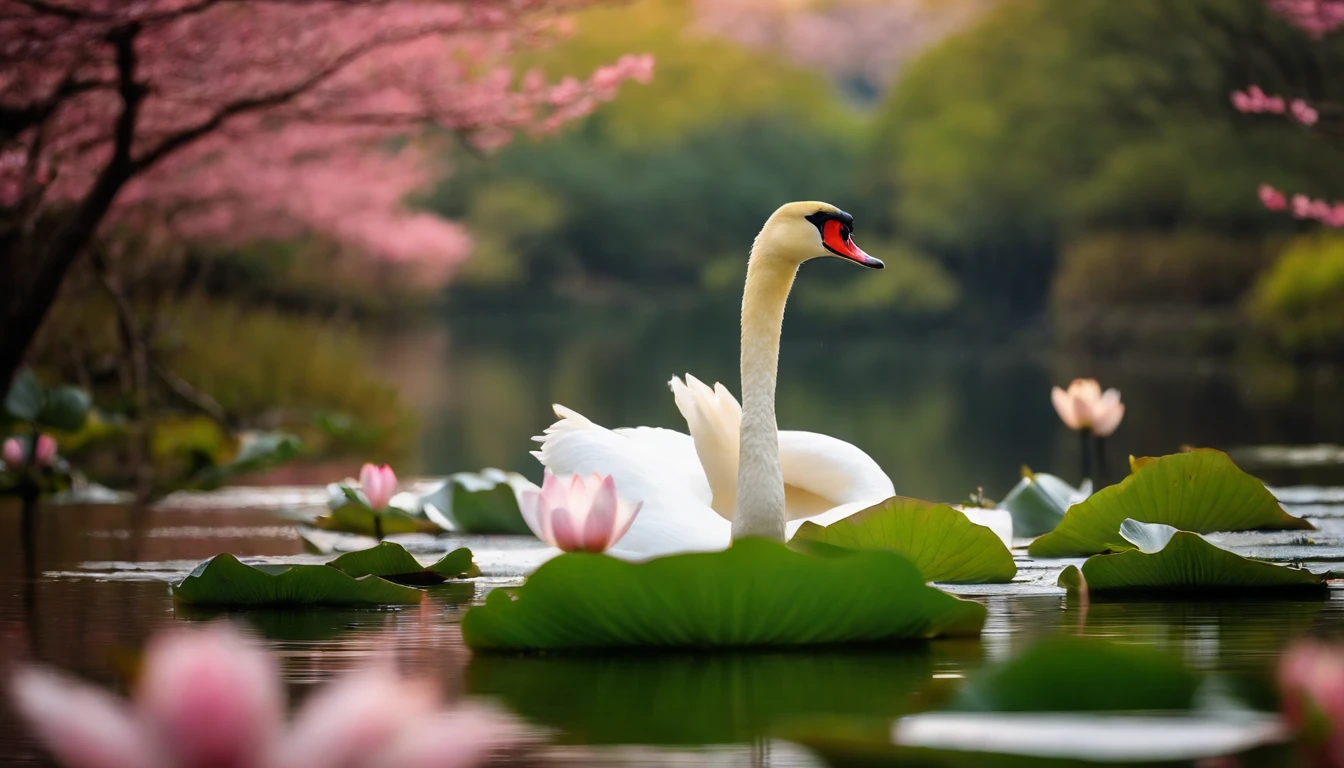 Lotus Flower, boiando em um lago tranquilo, sakura tree in background, casal de cisnes, Paisagem Japonesa, Centralizado, cores relaxantes,