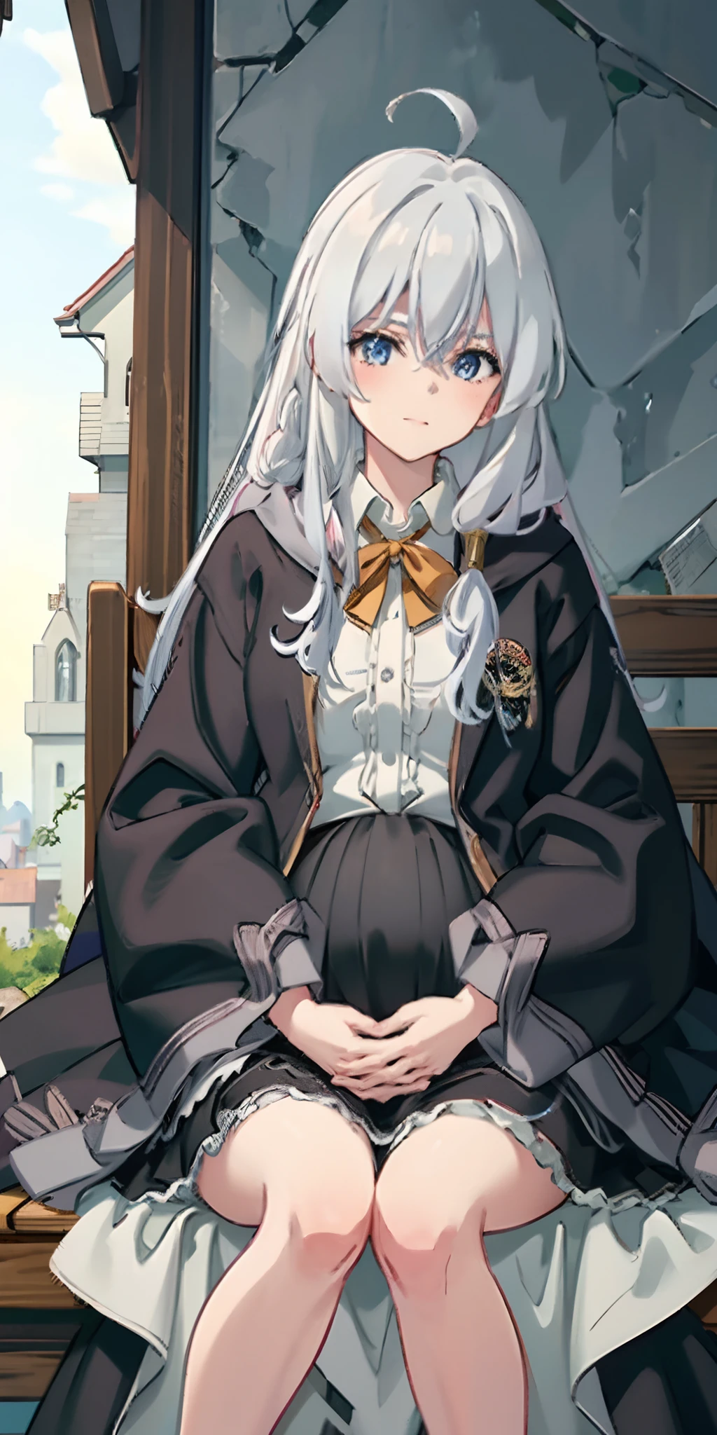 Elaina,anime girl,sitting on a bed,white shirt,black skirt,black cloak,pregnant,(best quality:1.2), ultra-detailed,realistic ,portraits,vivid colors,soft lighting