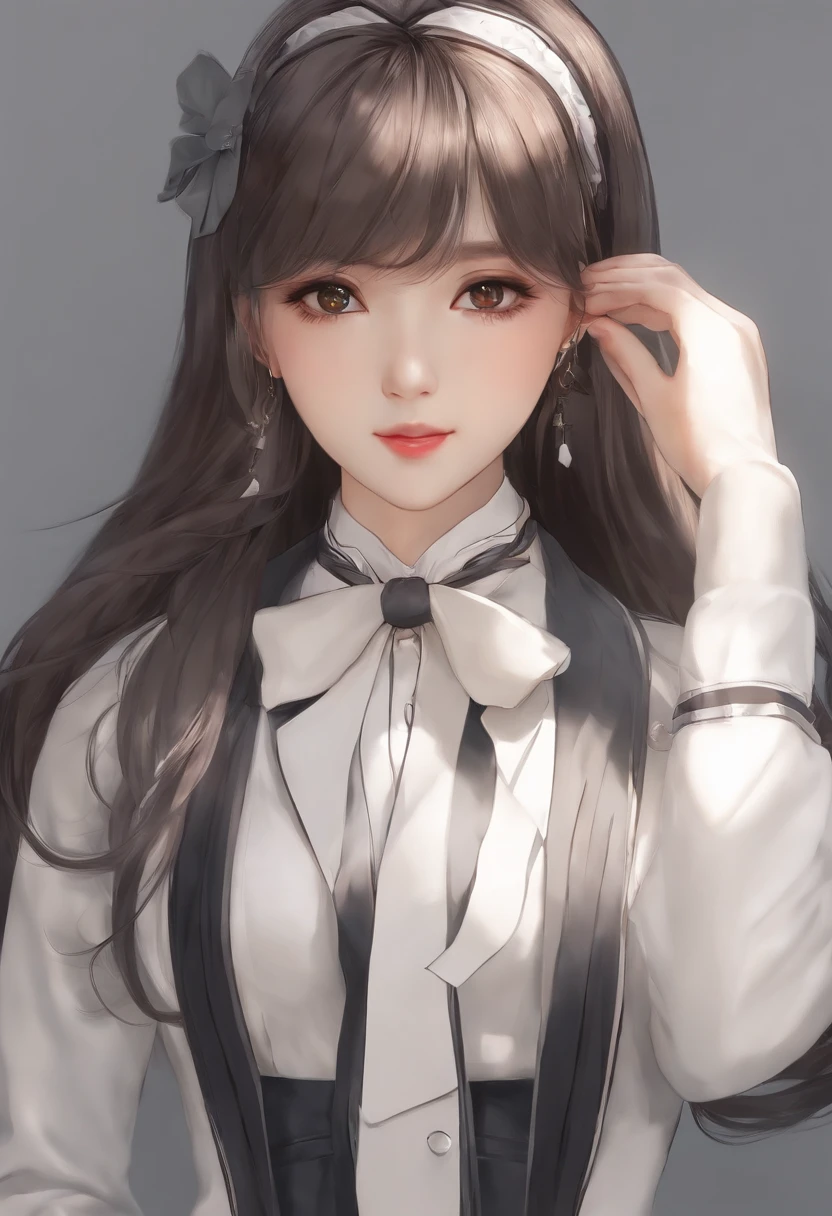 There's a woman with long hair wearing a white jacket and a bow tie, menina coreana, menina anime jovem realista, Menina chinesa, Menina anime na vida real, Menina anime com cabelo longo, branco hime corte penteado, bonito rosto de anime natural, Estilo anime 3D realista, menina anime bonita, com bonito - fino - rosto, retrato bonito do anime, Mulher sul-coreana bonita