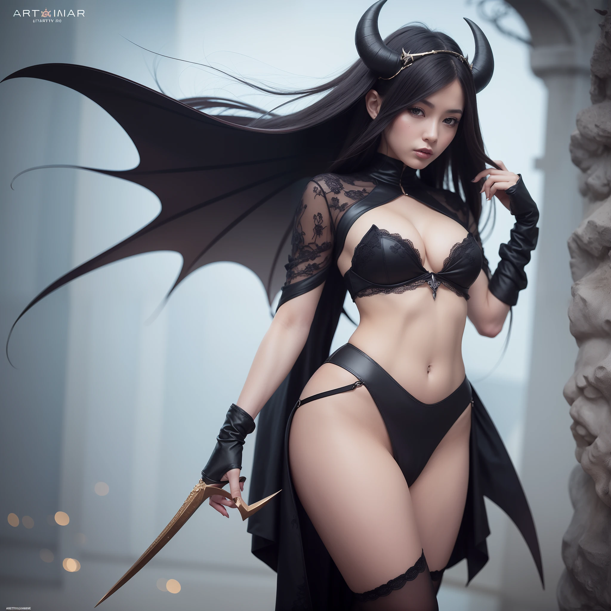 a close up of a woman in a costume with a demon on her head, concept art by Yang J, Artstation contest winner, fantasy art, beautiful succubus, beautiful elegant demon queen, succubus, succubus in tight short dress, succubus | medieval, demon anime girl, demon girl, extremely detailed artgerm, demoness