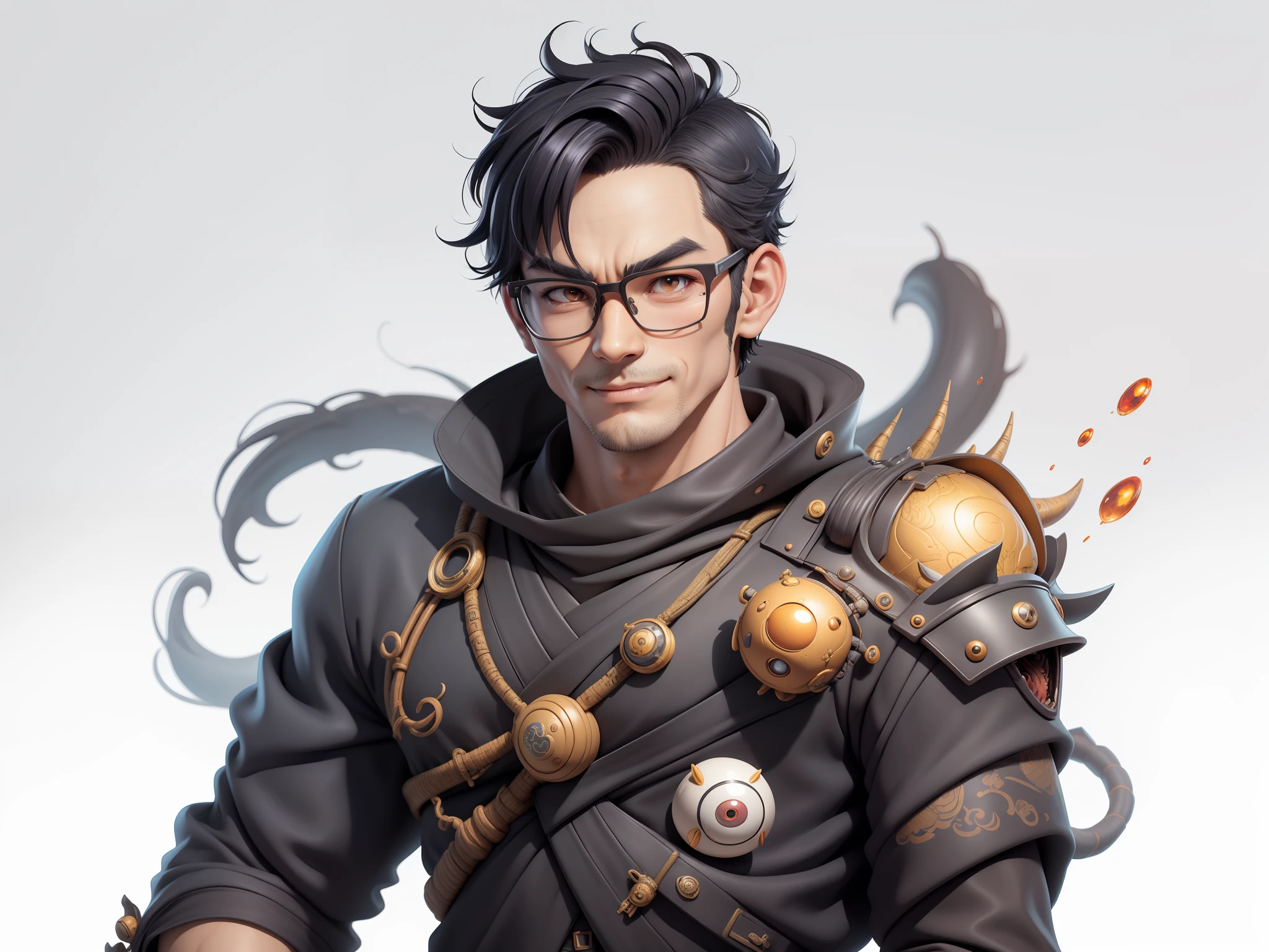 (Masterpiece), (Excellent), (Super Meticulous), (Full Body: 1.2), Super Young Man with Japanese Female Geisha, Pretty, Beautiful, Chinese Dragon, Tiger, Wind God Thor, Sexy, Bursting, Oriental Face, TV Anchor, Bust Portrait Illustration, Black Suit, Blue Tie, Slightly Chubby Face, Silver Glasses, Very Clean Face, No Beard on Chin, Black Super Short Hair, Black Eyes, Confident Smile, 3c Computer Sub-Products, iPad, iPhone, Digital Painting, 3D character design by Mark Clairedon and Pixar and Hayao Miyazaki and Akira Toriyama, the illustrations are HD illustrations in 4K resolution with highly detailed facial features and cartoon-style visuals.