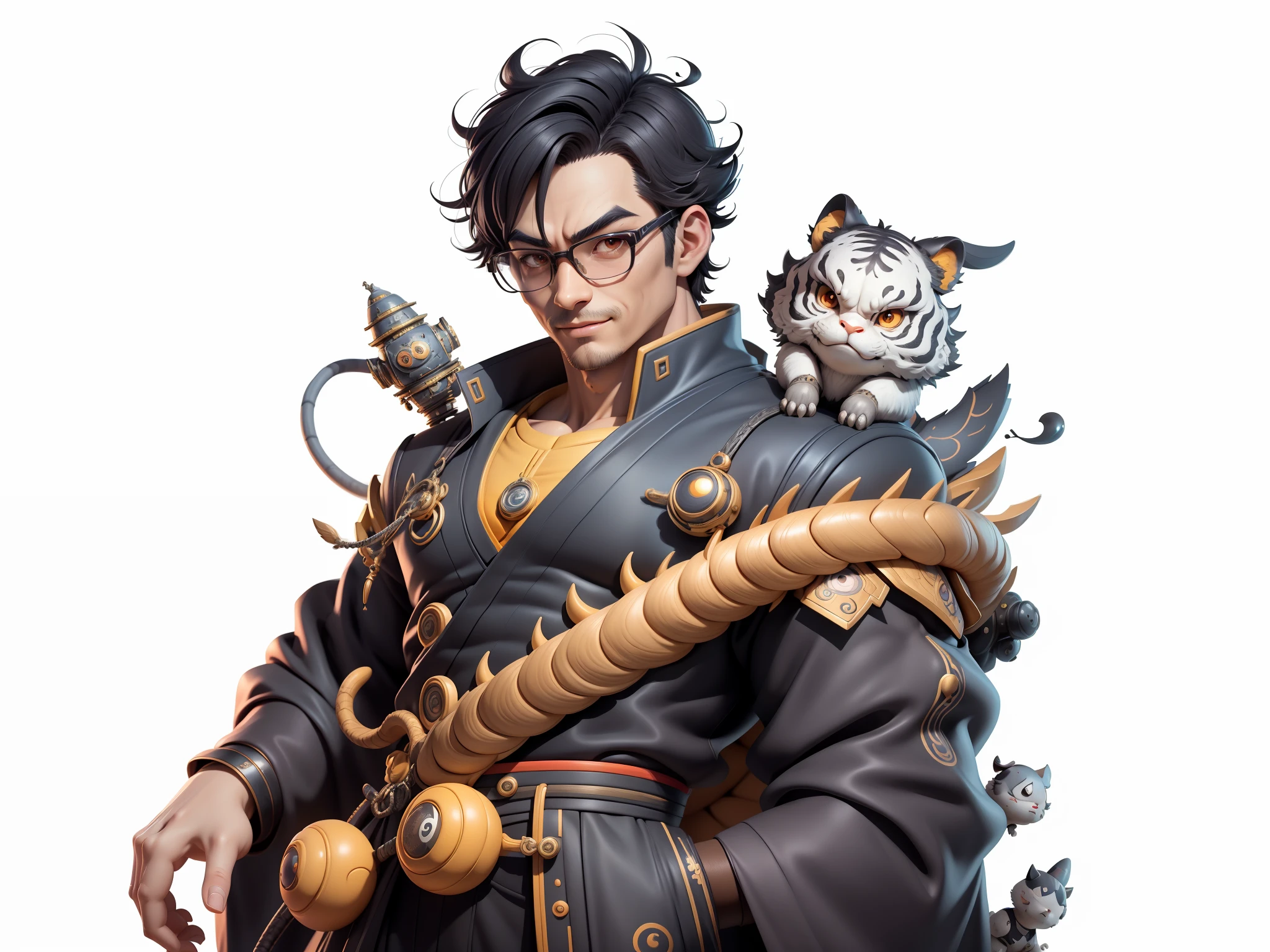 Young man with leather hat, tiger, dragon, oriental face in formal suit, short black hair, silver glasses, digital painting, 3D character design by Mark Clairedon and Pixar and Hayao Miyazaki and Akira Toriyama, the illustration is a high-definition illustration in 4K resolution with very detailed facial features and cartoon-style visuals.