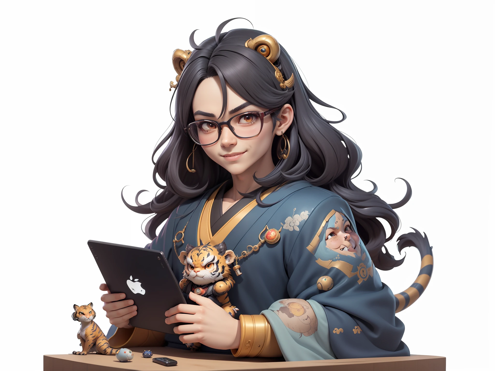 (Masterpiece), (Excellent), (Super Meticulous), (Full Body: 1.2), Super Young Man with Japanese Female Geisha, Pretty, Beautiful, Chinese Dragon, Tiger, Wind God Thor, Sexy, Bursting, Oriental Face, TV Anchor, Bust Portrait Illustration, Black Suit, Blue Tie, Slightly Chubby Face, Silver Glasses, Very Clean Face, No Beard on Chin, Black Super Short Hair, Black Eyes, Confident Smile, 3c Computer Sub-Products, iPad, iPhone, Digital Painting, 3D character design by Mark Clairedon and Pixar and Hayao Miyazaki and Akira Toriyama, the illustrations are HD illustrations in 4K resolution with highly detailed facial features and cartoon-style visuals.