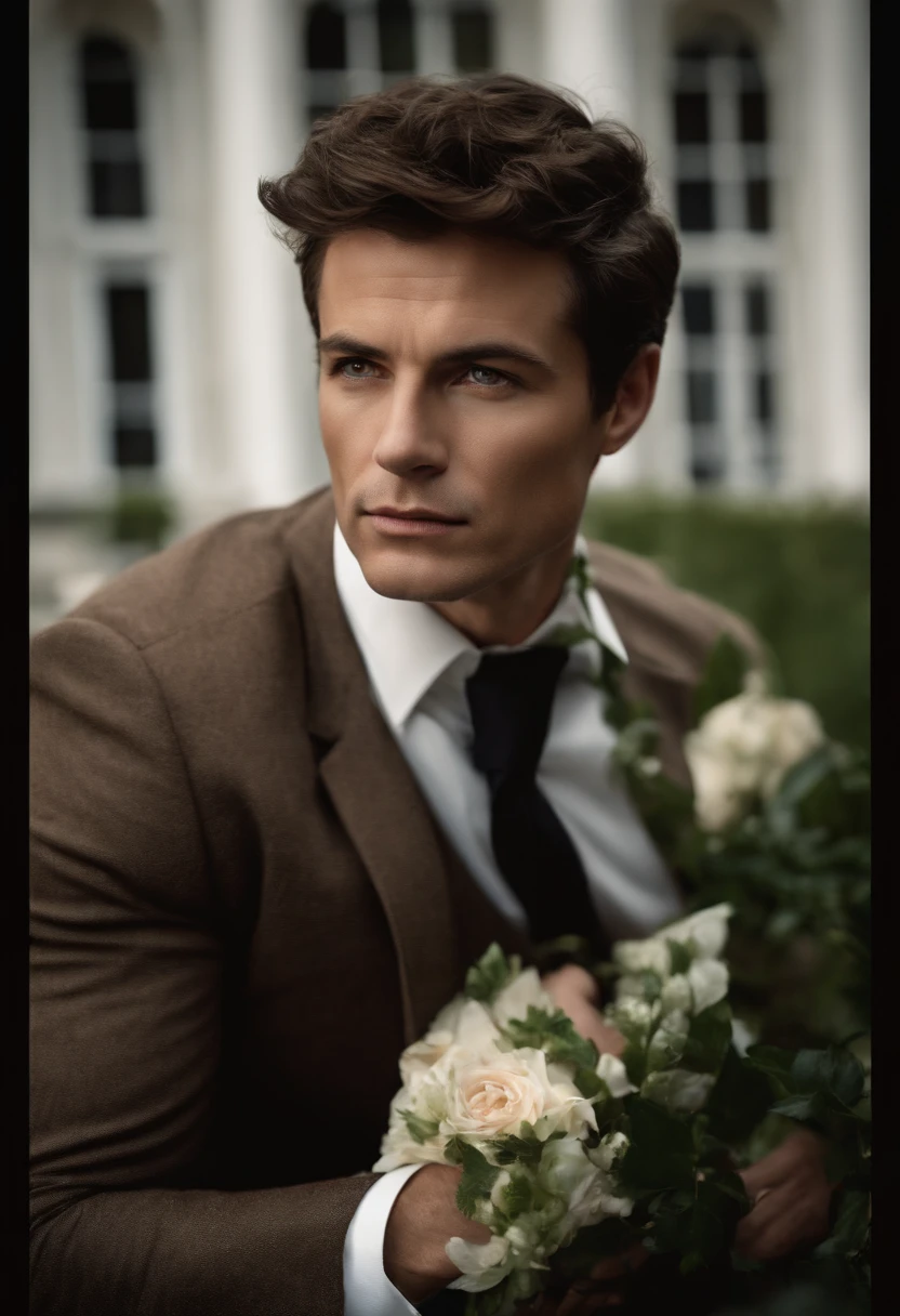corps entier, wide-angle photo close-up portrait of the body of a handsome man , Grand et en forme, (40 ans:1.1), (shaven:1.2) , (very short brown hair:1.5),(very short hair:1.6). Dark brown tight velvet suit, (La veste a des motifs de fleurs noires:1.2). (posing outside the mansion with a luxury car:1.1), crowded street with cafes in the distance, Cold and dark sunset at dusk, (Edge Light:1.1),(Concentrez-vous sur les yeux), (angry look), (hard light on the skin:1.2), (ombres dures, dark themed, Contraste profond:1.1), (photographie de portrait par Annie Liebovitz), Dark mint theme and choral aesthetics, (skin imperfections)