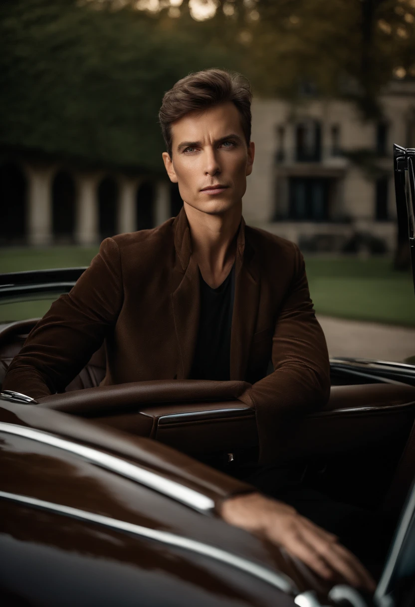 corps entier, wide-angle photo close-up portrait of the body of a handsome man , Grand et en forme, (40 ans:1.1), (shaven:1.2) , (very short brown hair:1.5),(very short hair:1.6). Dark brown tight velvet suit, (La veste a des motifs de fleurs noires:1.2). (posing outside the mansion with a luxury car:1.1), crowded street with cafes in the distance, Cold and dark sunset at dusk, (Edge Light:1.1),(Concentrez-vous sur les yeux), (angry look), (hard light on the skin:1.2), (ombres dures, dark themed, Contraste profond:1.1), (photographie de portrait par Annie Liebovitz), Dark mint theme and choral aesthetics, (skin imperfections)