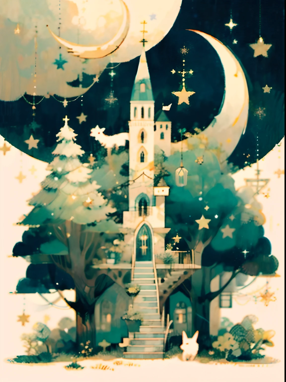 (((masterpiece))),best quality, whitetown, moon, star (symbol), tree, 1girl, crescent moon, painting (medium), solo, pixel art, pixai