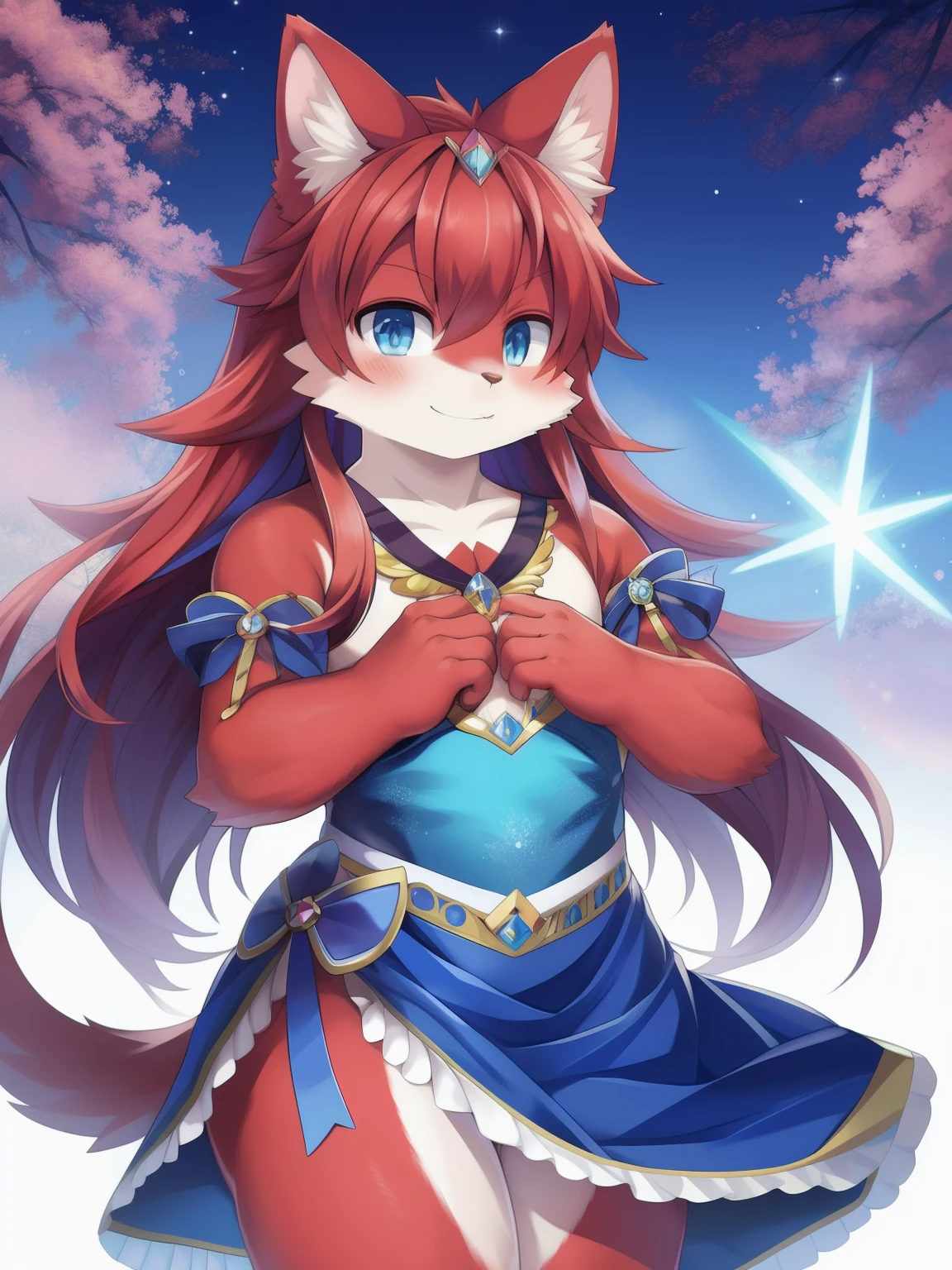 masterpiece, 1boy, Furry, kemono, furry cat, anthropomorphic, male, red fur, red skin, blue eyes, magical girl theme, long hair, revealing clothes, magical girl outfit, blue magical girl dress, femboy, sexy pose, uploaded on e621,