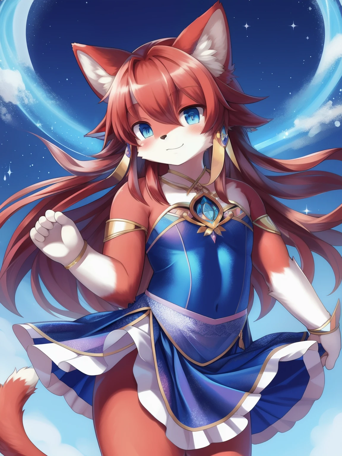 masterpiece, soft shading, 1boy, Furry, kemono, furry cat, anthropomorphic, male, red fur, red skin, blue eyes, magical girl theme, long hair, revealing clothes, magical girl outfit, blue magical girl dress, femboy, sexy pose, uploaded on e621,