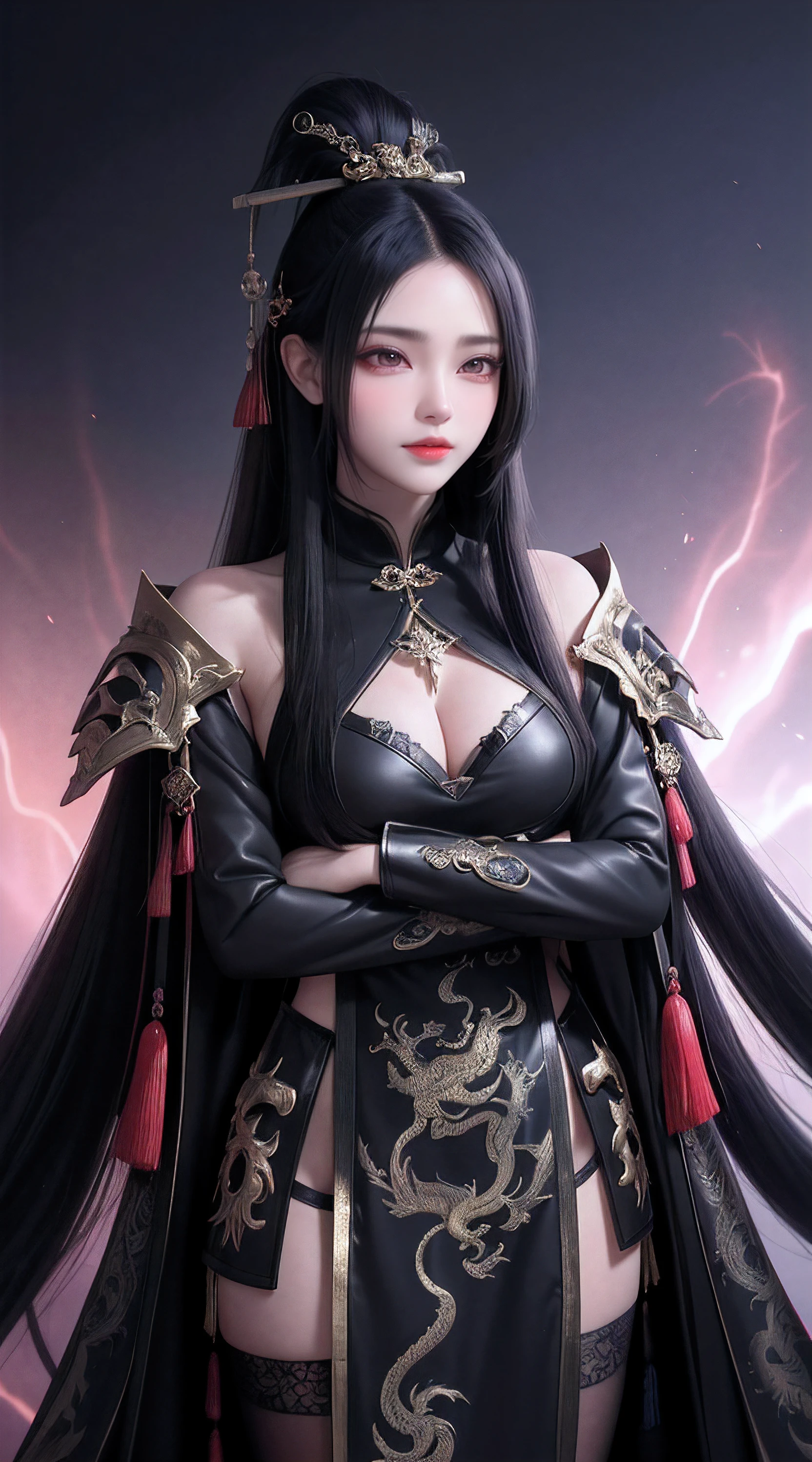 China,Dark Big Oriental eyes,Black long hair gathered in a Chinese ponytail,Dressed in a black leather cloak, with metal shoulder pads,scatters star rays,fantasy ,Blend of black gold,colorful Pattern, Dragon Pattern Road, prince, palace,Lightning effect,arms behind back,