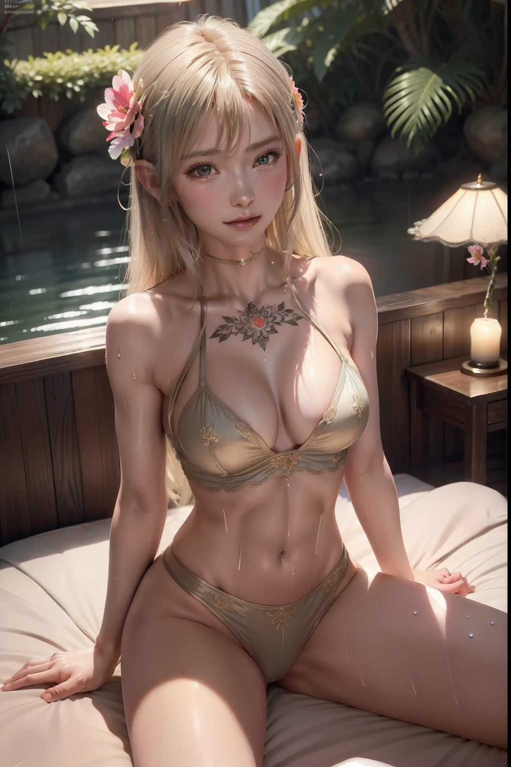 ((Cute 18 year old woman、disheveled gorgeous bright blonde hair、de pele branca、no-makeup、Breasts are big、((thick and beautiful legs))、Wet with sweat all over the body、frown and close your eyes、languidly wide open mouth、Expression of pleasure、Trance、Blushing cheeks))、((Lying on a palace bed and opening your legs)),Farmer girl, whithout t-shirt, (((no t-shirt))), 1girl, (masterpiece, high resolution, photorealistic:1.3), tall elven maiden, silver hair cascading, captivating green eyes, well-defined muscular physique, (alluring outfit:1.2), revealing attire accentuating her curves, (medium and firm bosom:1.1), shapely and toned legs, perfectly round and ample buttocks, defined abdomen, seductive dance performance, moment captured in photo, graceful movement, back-facing pose, small revealing underwear, intricate details of the garment, enchanting atmosphere, magical lighting, subtle ethereal glow, vibrant colors, mystical forest backdrop, leaves gently falling, captivating expression, exuding allure and sensuality. With the use of depth of field (DOF), super-resolution, and high megapixel rendering, every element comes to life with cinematic lightning and anti-aliasing techniques like FKAA, TXAA, and RTX.Naked Summer, Full Tattoo, (Masterpiece, Top Quality, Best Quality, Official Art, Beautiful and aesthetic: 1.2), (1 flower), full body, Extremely Detailed, (Fractal Art: 1.3), Colorful, More Detailed , "Best Quality", "Masterpiece, Sakimichan-style art, slight smile, legs open, pubic hair view, 1 sexy girl in transparent forest clothing, exposed breasts, open transparent T-shirt, Mandala and flower tattoos, Best Quality ,black hair fused with platinum and gold, naked girl, visible beautiful pubic area, pink pesons, small breasts in sight, water pond in the garden, mandala and flower tattoos on the naked body, old floating clock, lamp, lantern , skin wet with water, bed floating in pond, beautiful girl lying on bed, fantasy, view from above, open legs, well-detailed