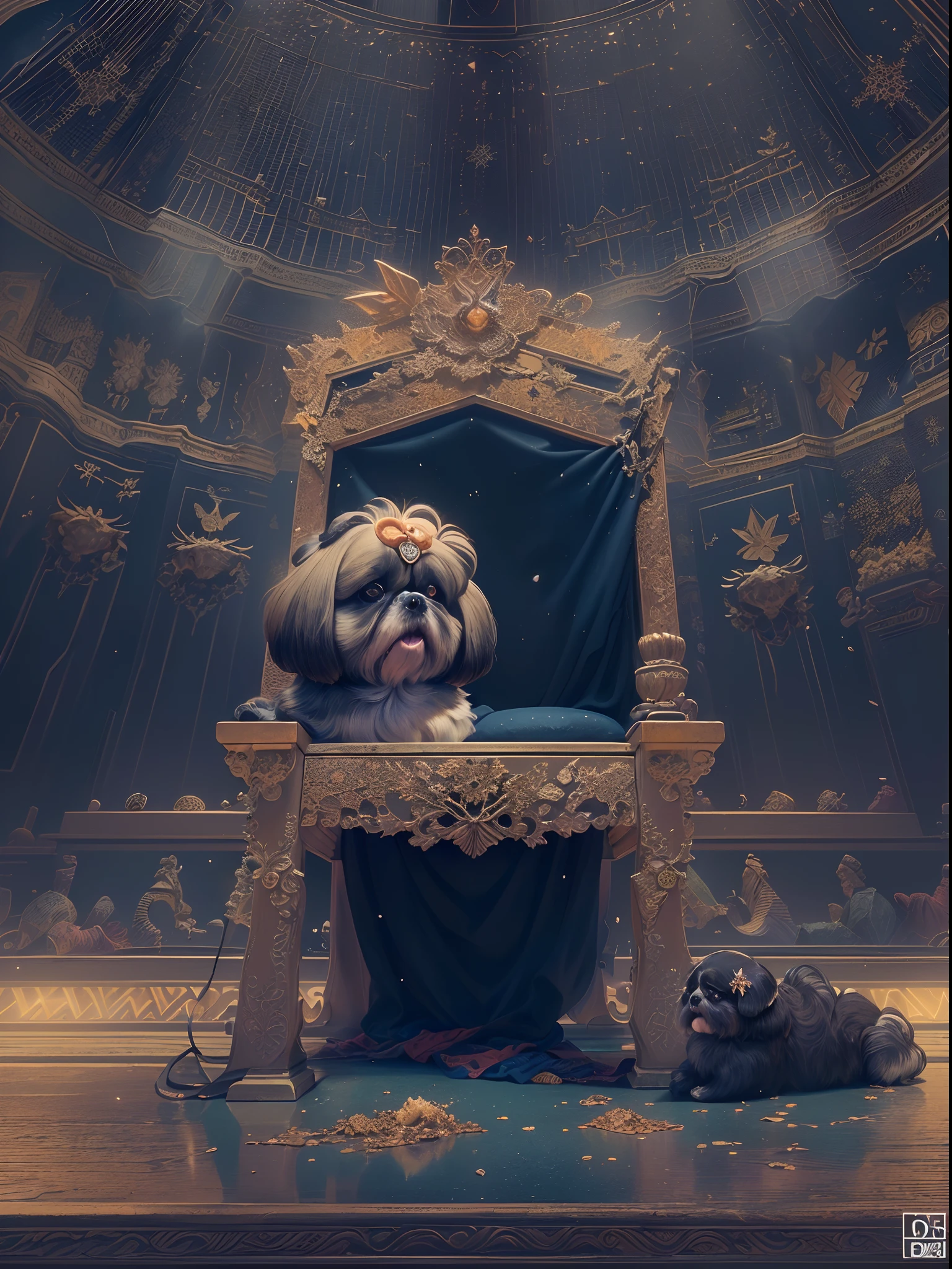 ((Best quality)) , ((Masterpiece)) , (Detailed) , photographed, Void punk, Intricate details, Best quality, Shot from the side of sacred comfort (A Shih Tzu from a rock band:1.3) of celebration, interiors [musical note:Refreshing:9] Nightclub, （spotlight lights）, winter, Centered on the horizon, illustration, Light, spotlight lights, filmgrain, Digital SLR, Circular polarizer, BW, Navy blue dust particles, Rust and mustard details, Extremely beautiful, Best quality, 8K resolution