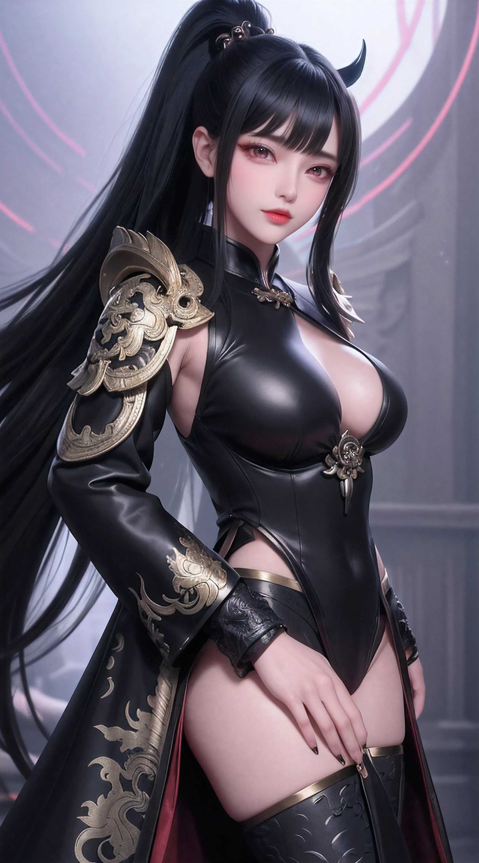 China,Dark Big Oriental eyes,Black long hair gathered in a Chinese ponytail,Dressed in a black leather cloak, with metal shoulder pads,scatters star rays,fantasy ,Blend of black gold,colorful Pattern, Dragon Pattern Road, prince, palace,Lightning effect,arms behind back,