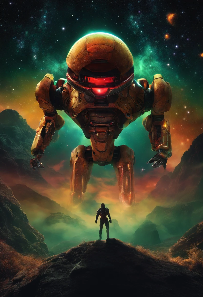 Create a realistic supernintendo super metroid image with elements from outer space, as stars and galaxies, simbolizando o infinito e a eternidade da morte.