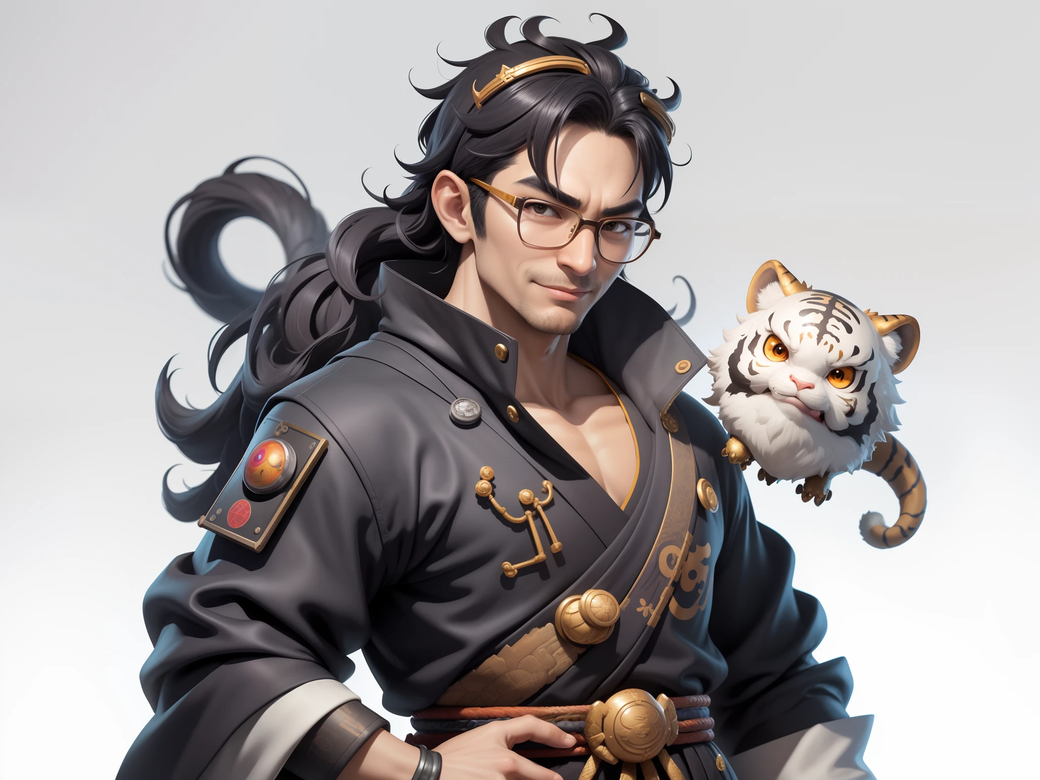 (Masterpiece), (Excellent), (Super Meticulous), (Full Body: 1.2), Super Young Man with Japanese Female Geisha, Pretty, Beautiful, Chinese Dragon, Tiger, Wind God Thor, Sexy, Bursting, Oriental Face, TV Anchor, Bust Portrait Illustration, Black Suit, Blue Tie, Slightly Chubby Face, Silver Glasses, Very Clean Face, No Beard on Chin, Black Super Short Hair, Black Eyes, Confident Smile, 3c Computer Sub-Products, iPad, iPhone, Digital Painting, 3D character design by Mark Clairedon and Pixar and Hayao Miyazaki and Akira Toriyama, the illustrations are HD illustrations in 4K resolution with highly detailed facial features and cartoon-style visuals.